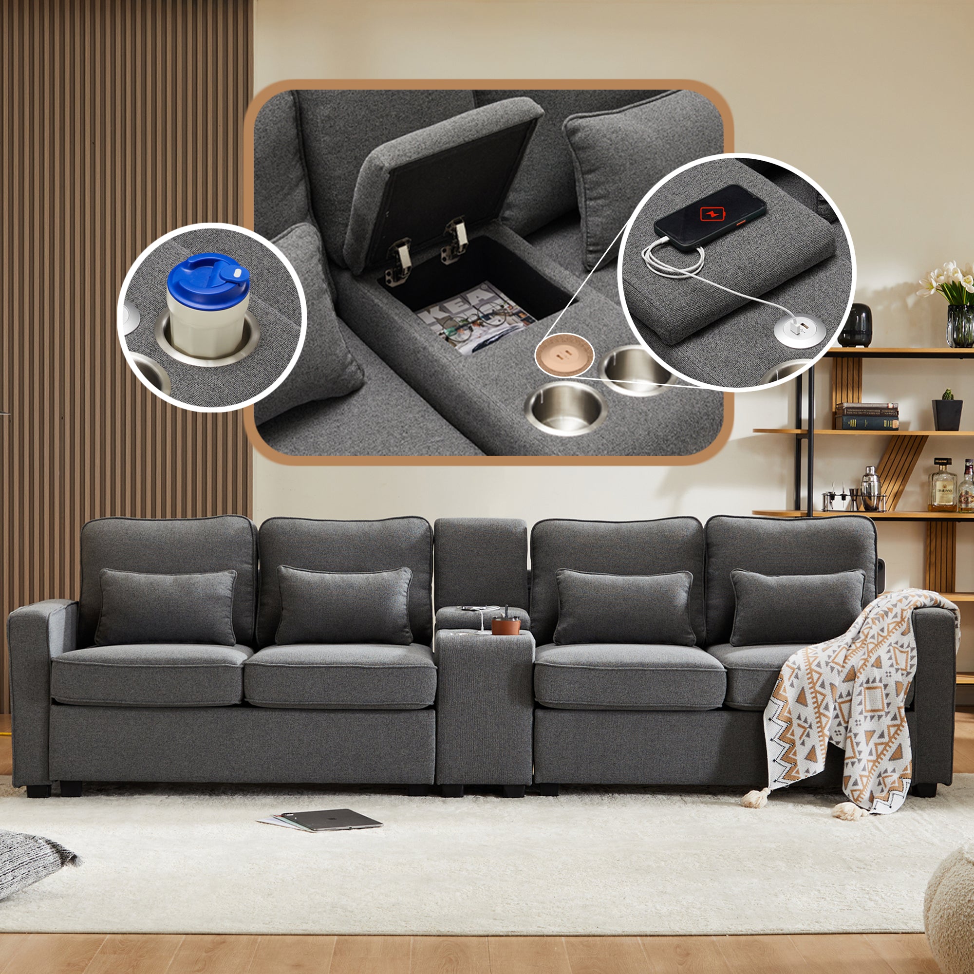 Sofa, Modern 4-Seater with Console, USB, Cupholders, Linen Fabric