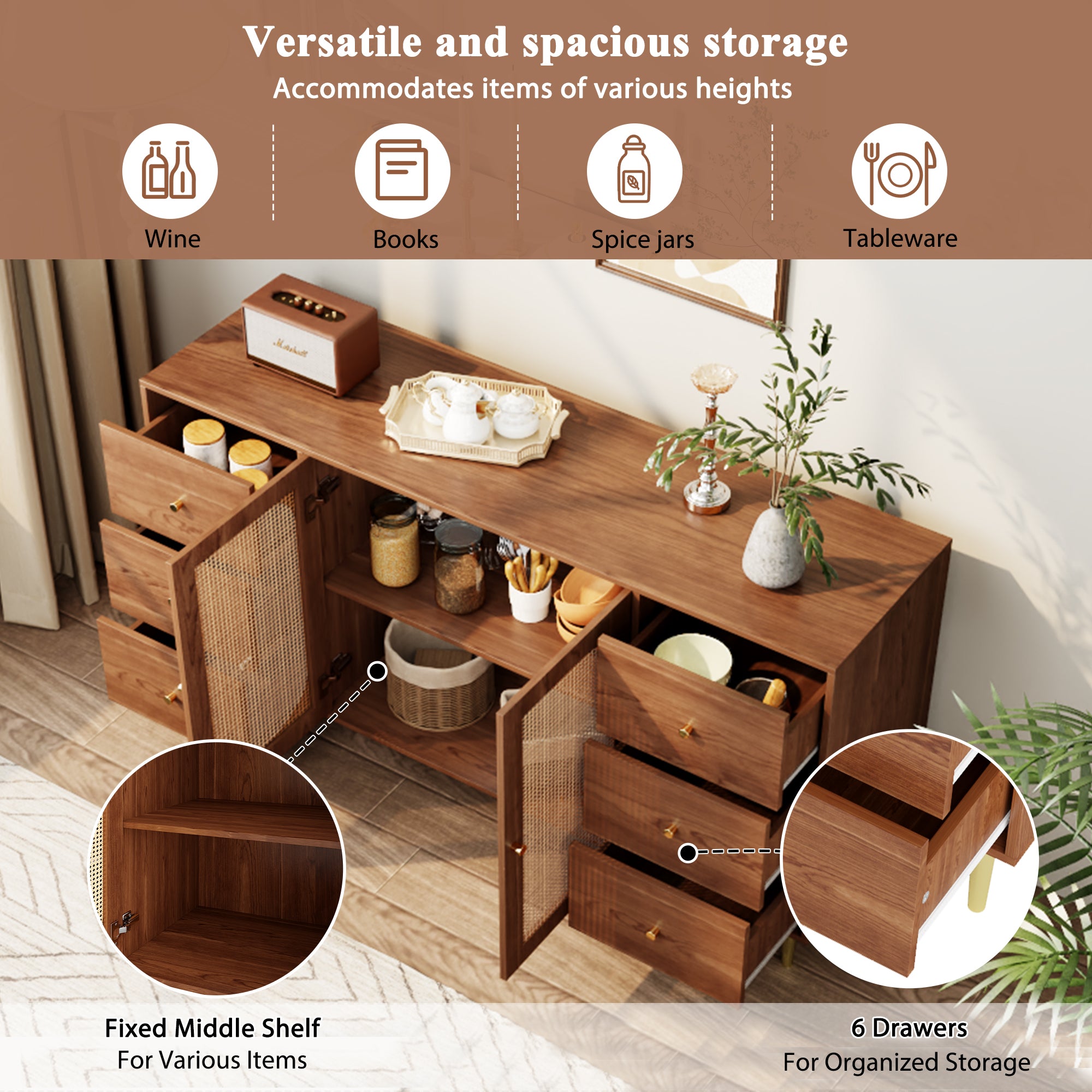 Rattan Sideboard Storage Cabinet with Drawer 160x40x90cm Brown Wood