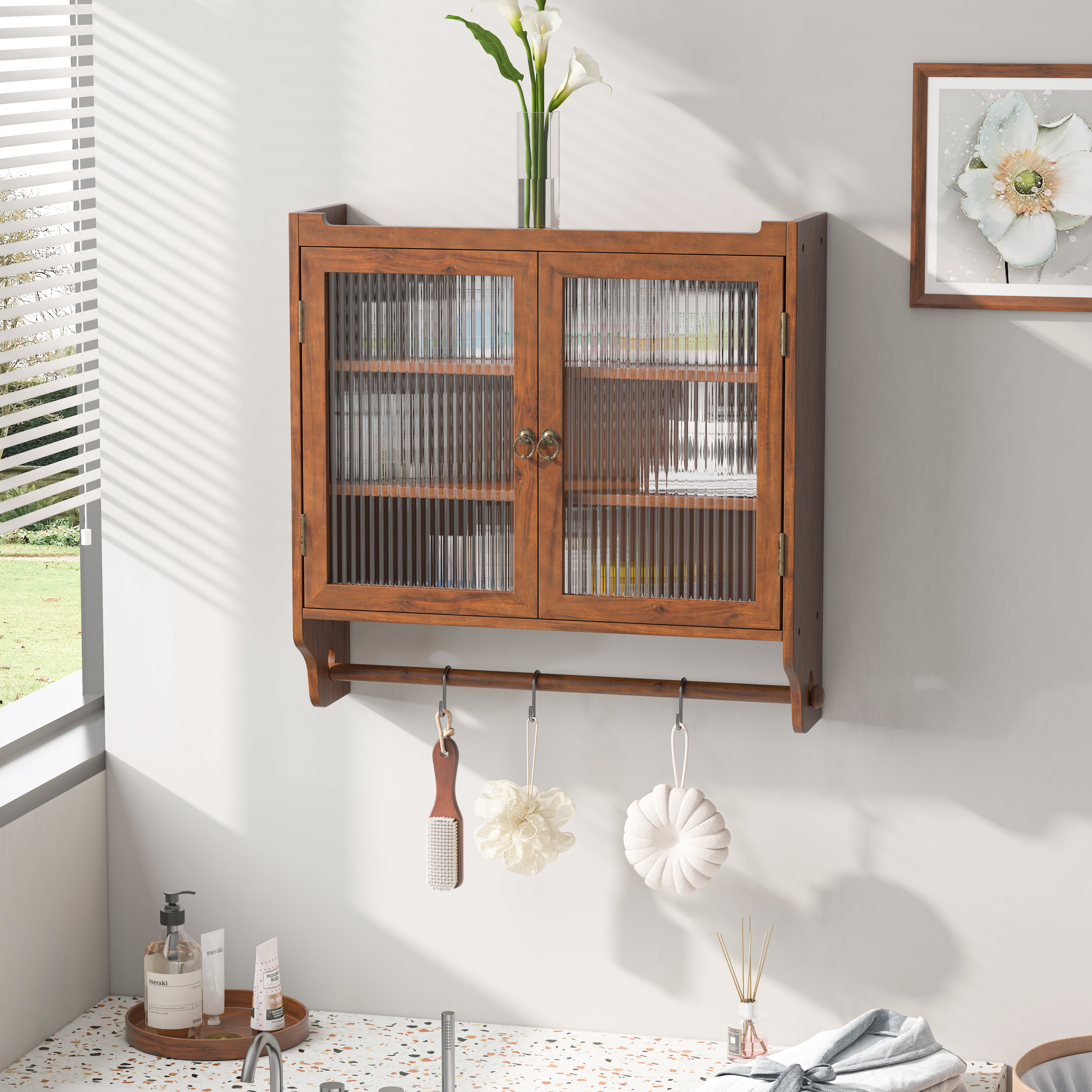 Wall Cabinet 63CM, Double Door Vintage Glass with 3 Tiers, Towel Rack, Brown