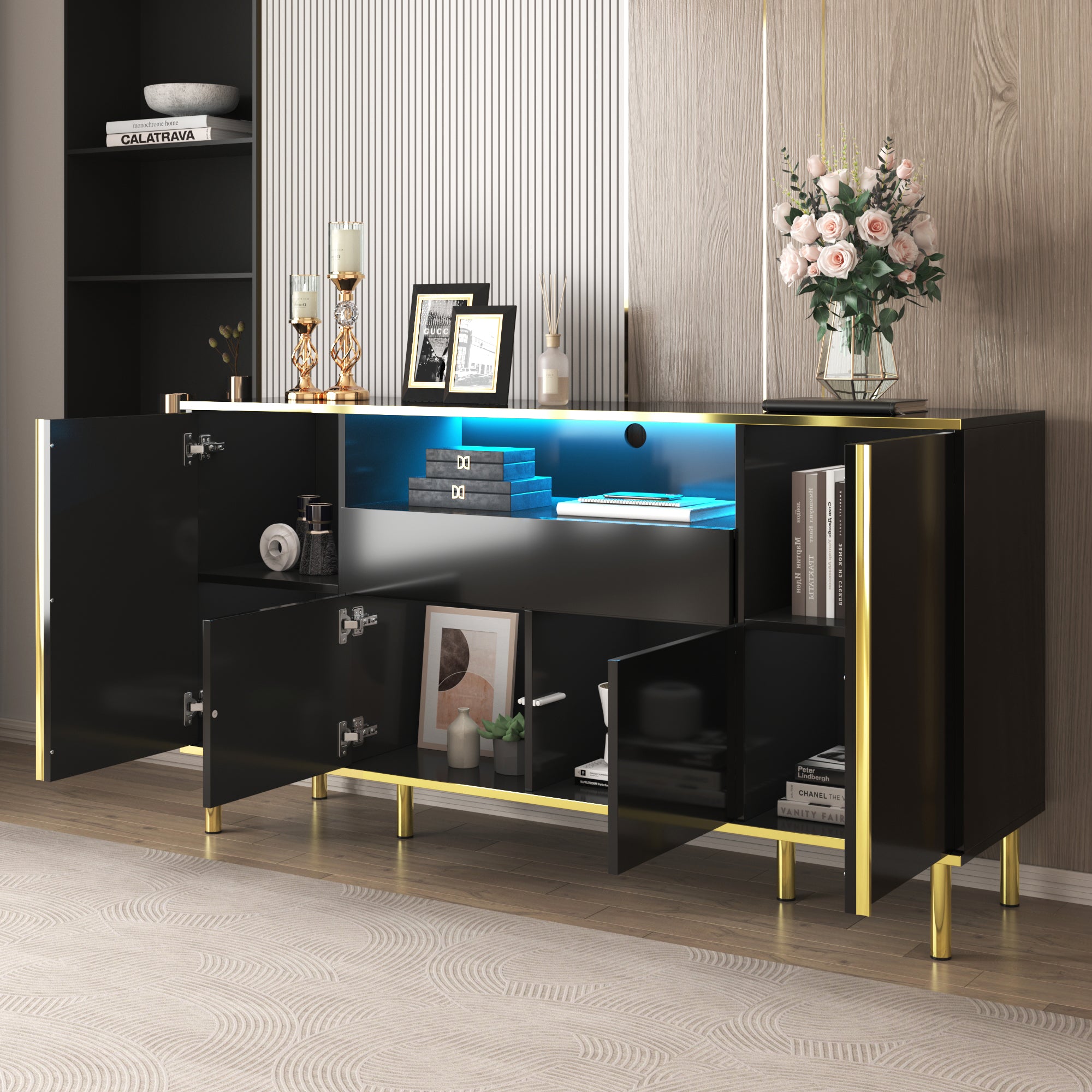 Sideboard, High-Gloss with 1 Drawer, Black