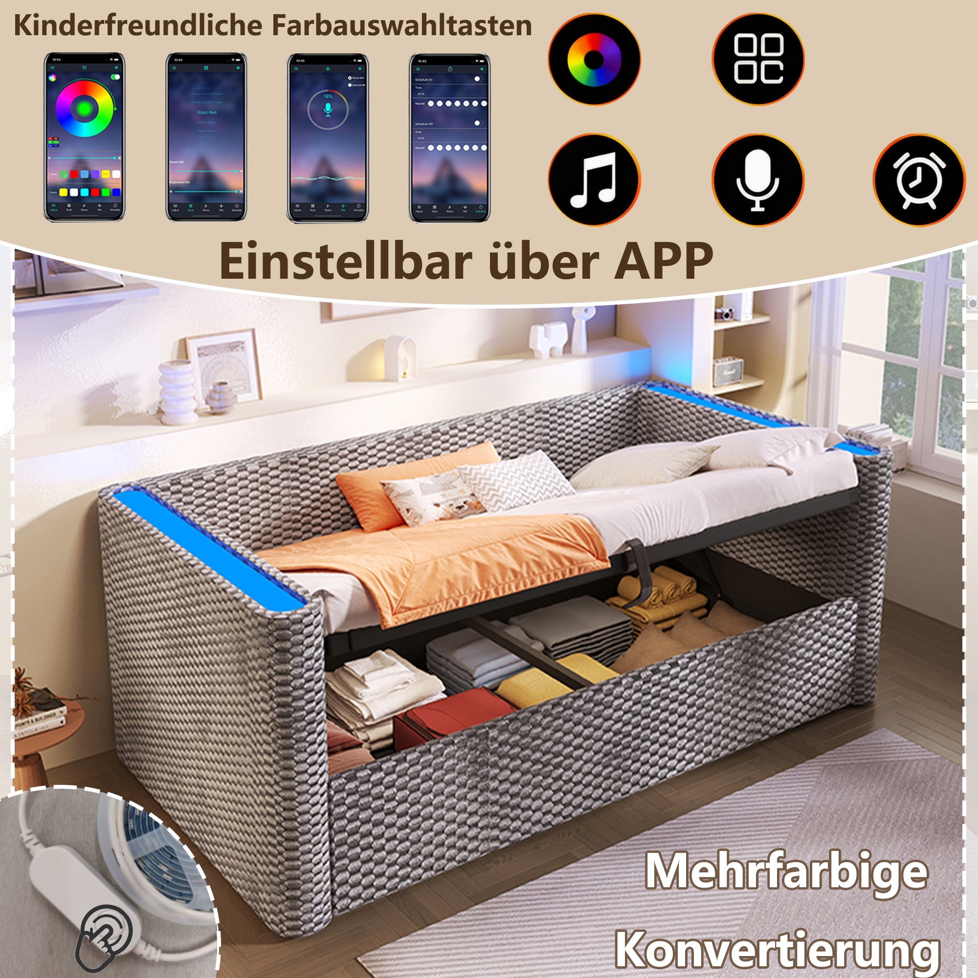 Daybed Sofa Bed 90x200cm LED Light Hydraulic Storage Velvet Grey