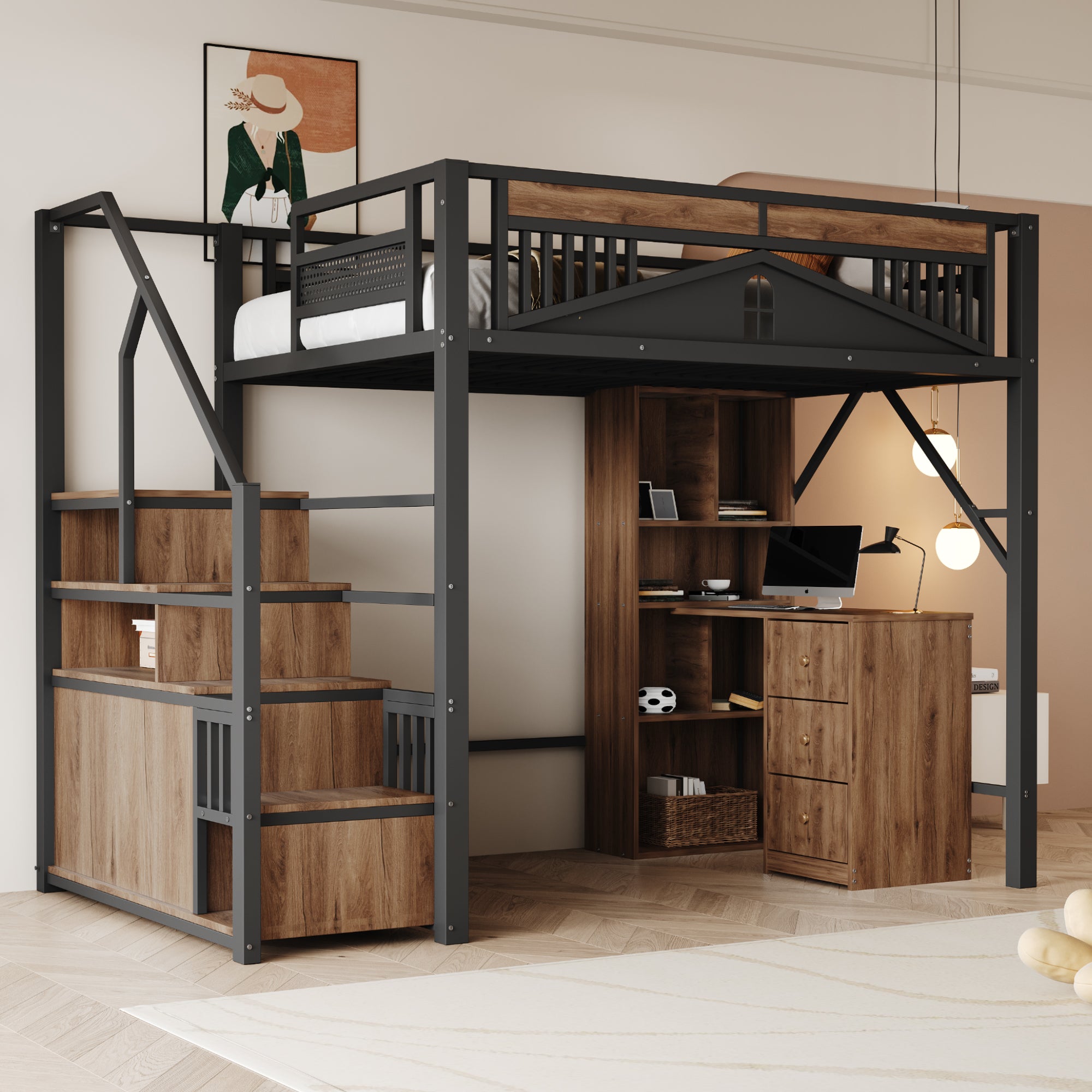 Metal Loft Bed with Safety Enclosure, Window, & Ladder, 140x200cm, Black