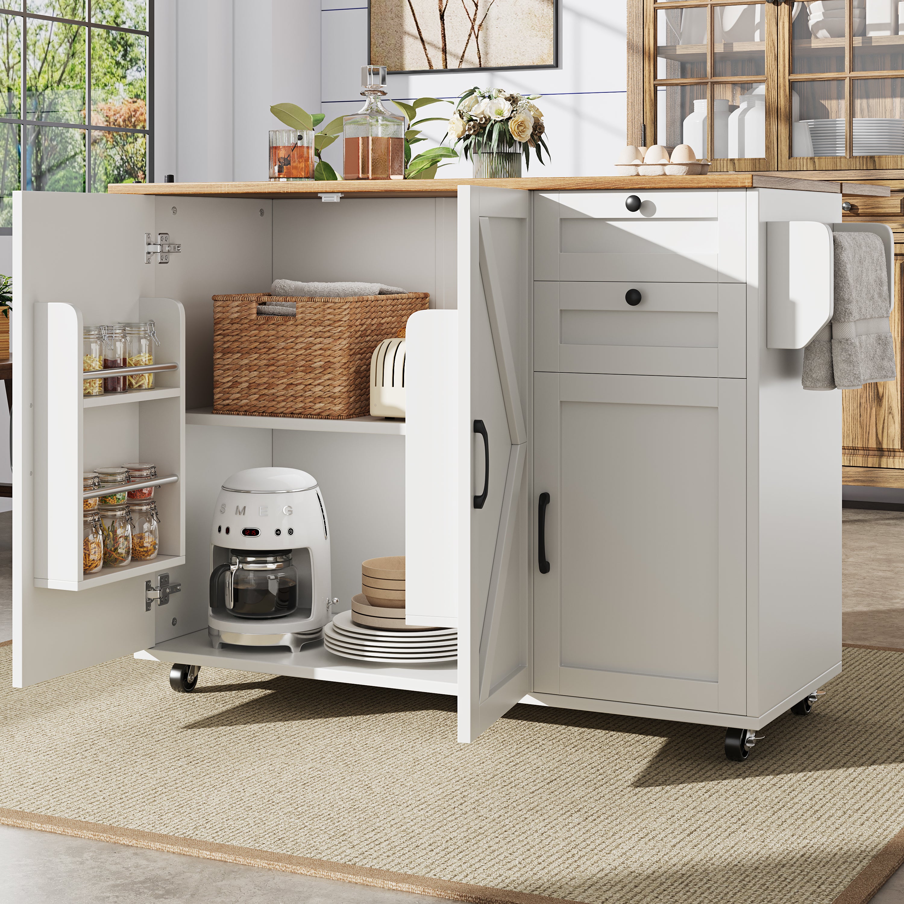 Kitchen Island Sideboard Multifunctional Dining Table Storage Wood Grain - White