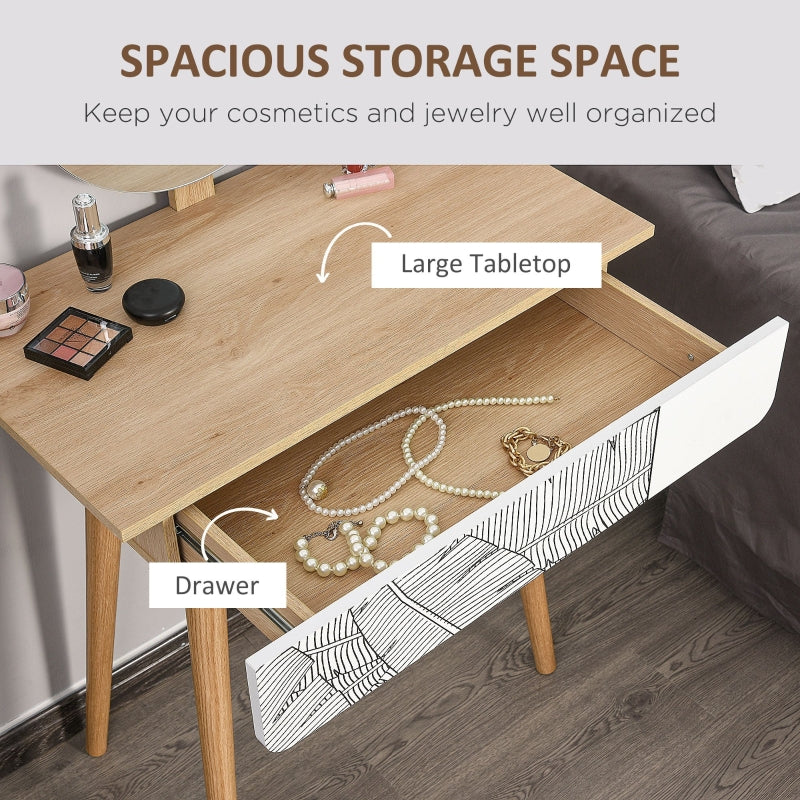 Dressing Table with Adjustable Mirror and Drawer, Wooden Oak Color