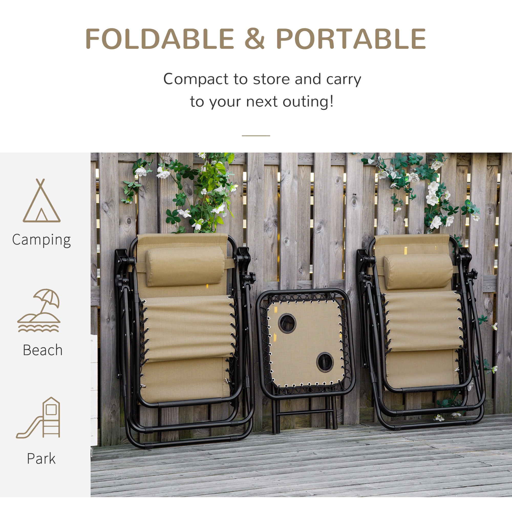 Folding Zero Gravity Chairs, 3 Pieces Adjustable Sun Lounger Set with Table, Beige