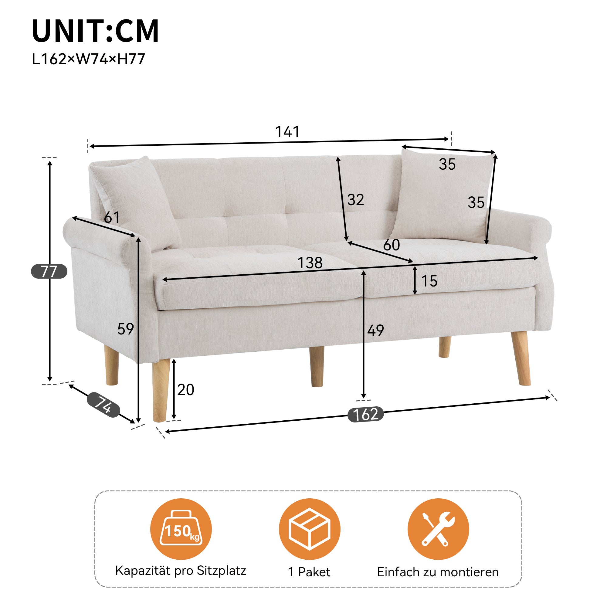 Modern Sofa, Upholstered Double Sofa with Thick Cushions, Chenille Fabric