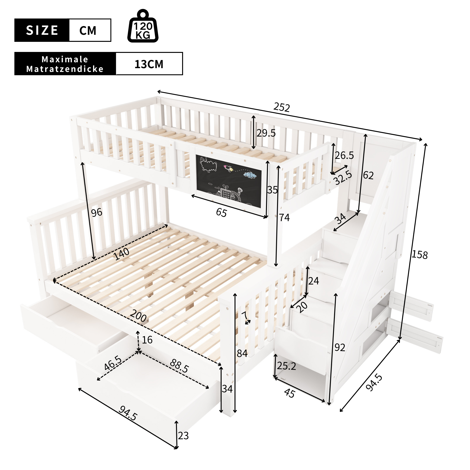 N634P250627W Bunk Bed with Chalkboard, Safety Rail, and Storage Drawers