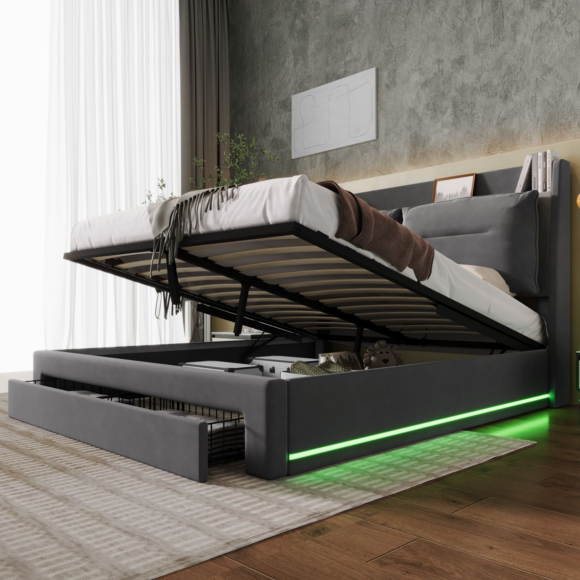 Upholstered Bed, 150x200 (5ft) King Size, Hydraulic with 2-in-1 End Storage Drawers, LED Light Strips & Slatted Frame, Dark Gray Velvet