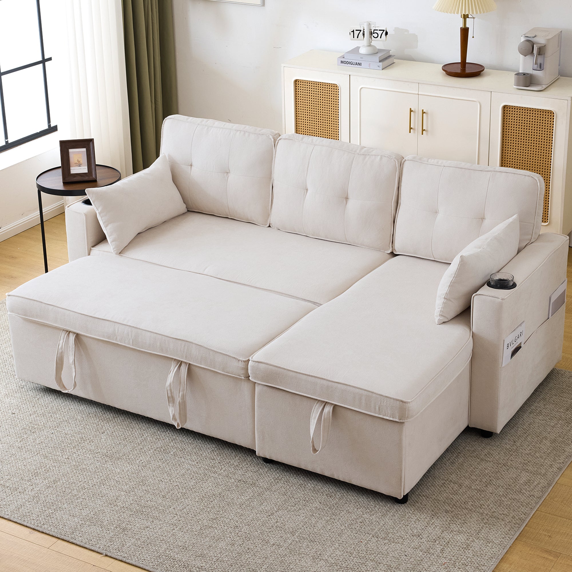 3-in-1 Convertible Sofa Bed with Storage Chaise, L-Shaped Sectional Daybed, Beige