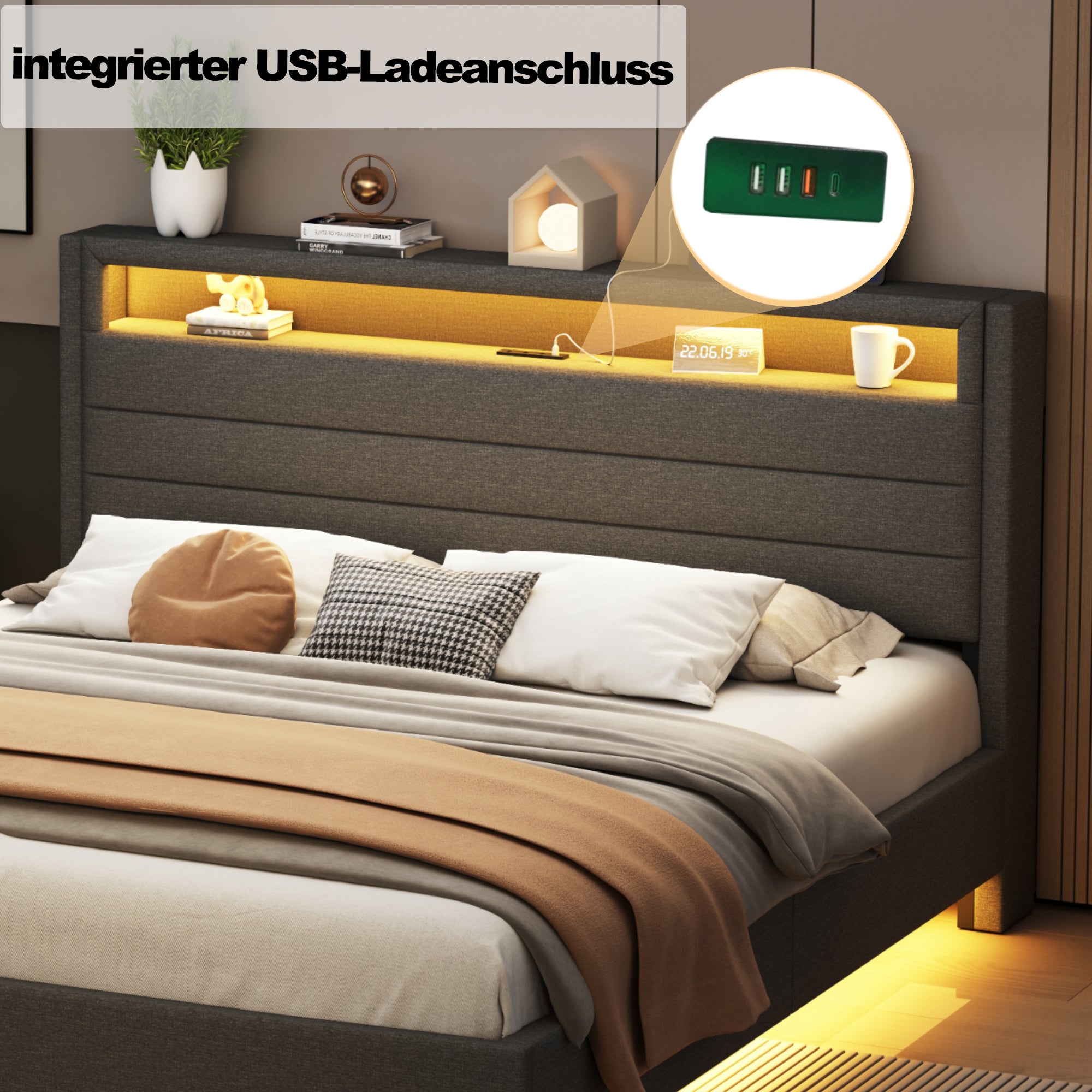 Upholstered Bed, 160x200 cm with USB & LED, Reversible Headboard, Grey Linen