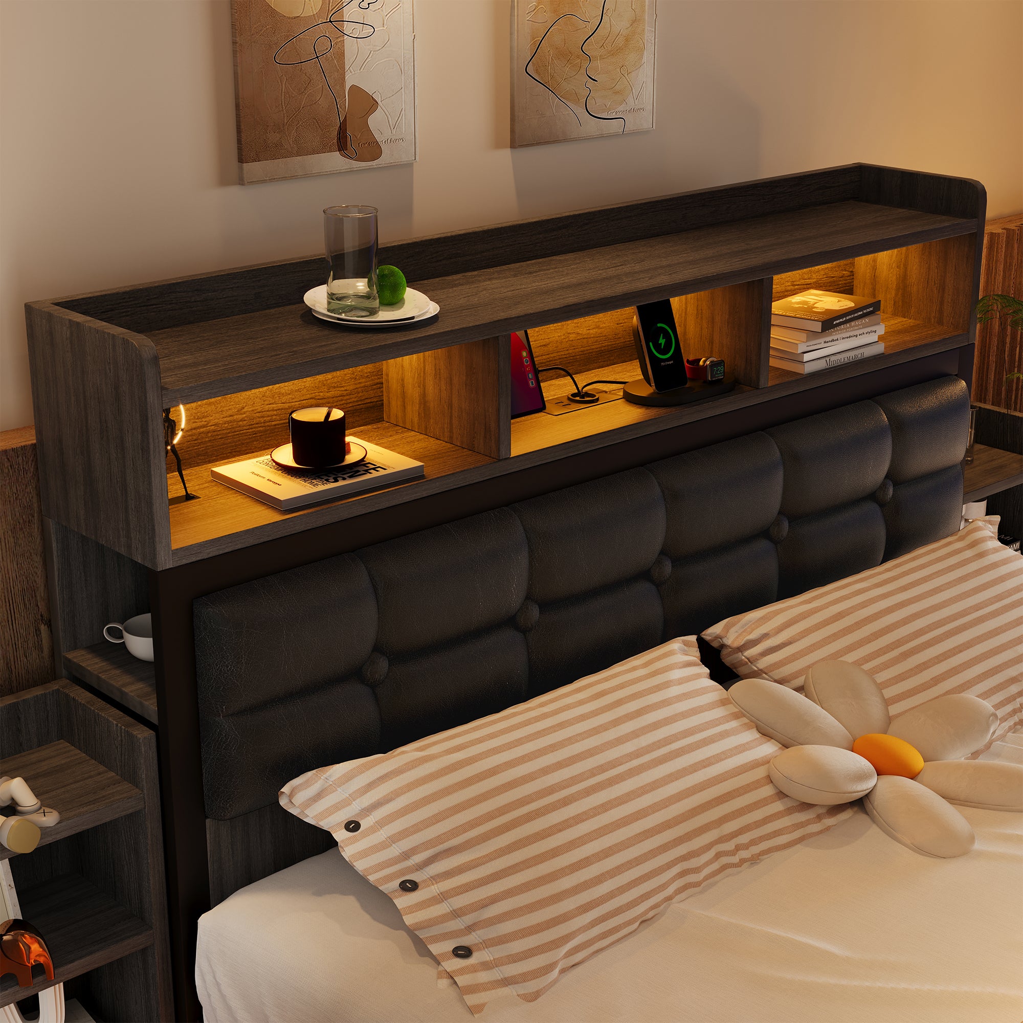 Double Bed 140x190cm with 2 Pull-out Nightstands Storage USB/Type-C LED Grey