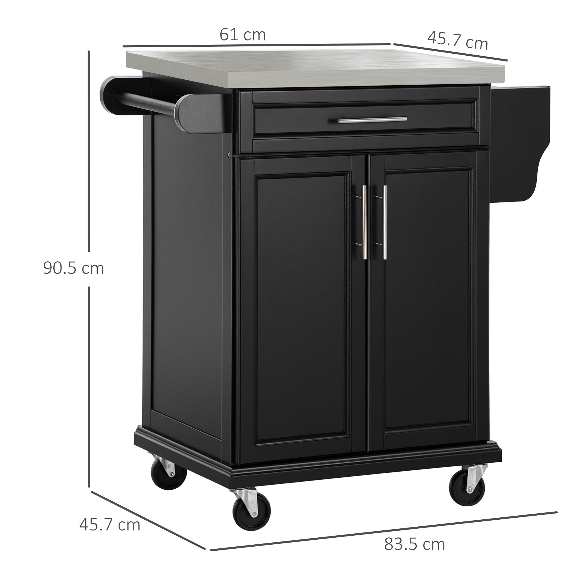 Wooden Kitchen Island on Wheels with Stainless Steel Top, Black