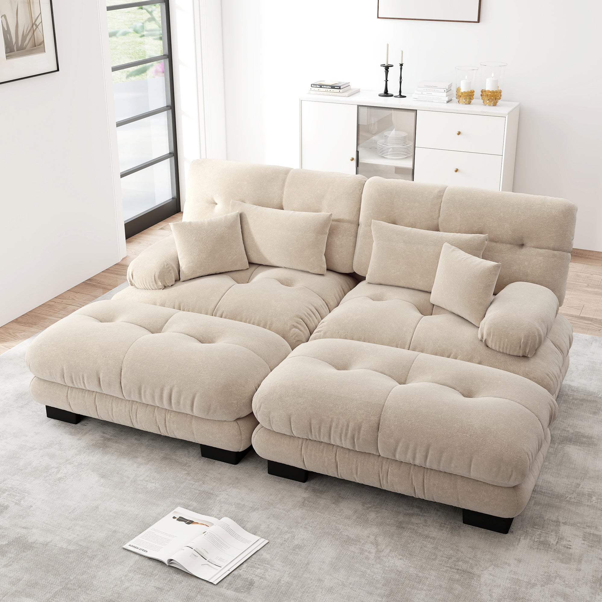 Cloud Corner Sofa, Double with Lumbar & Decorative Pillows, Ottomans, Chenille Light Brown