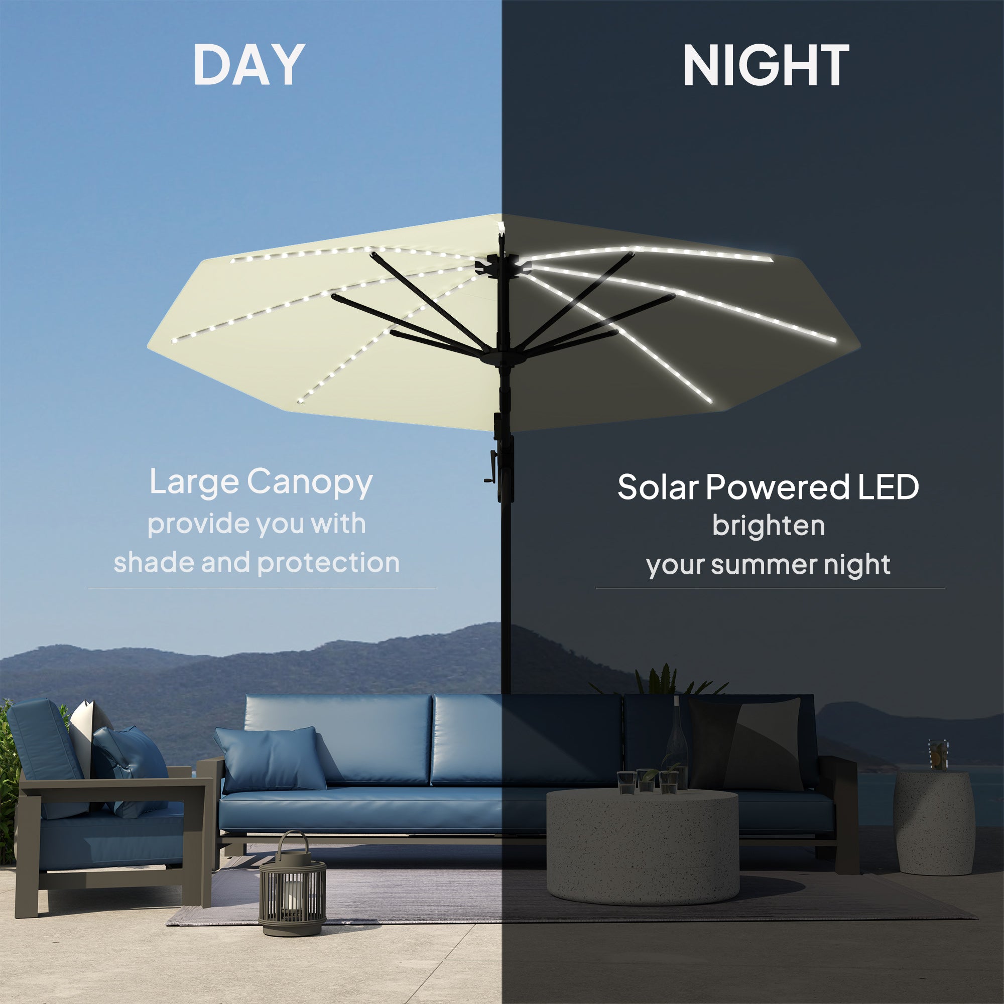 Cantilever Garden Parasol with Solar Lights, 360° Rotation, Cream