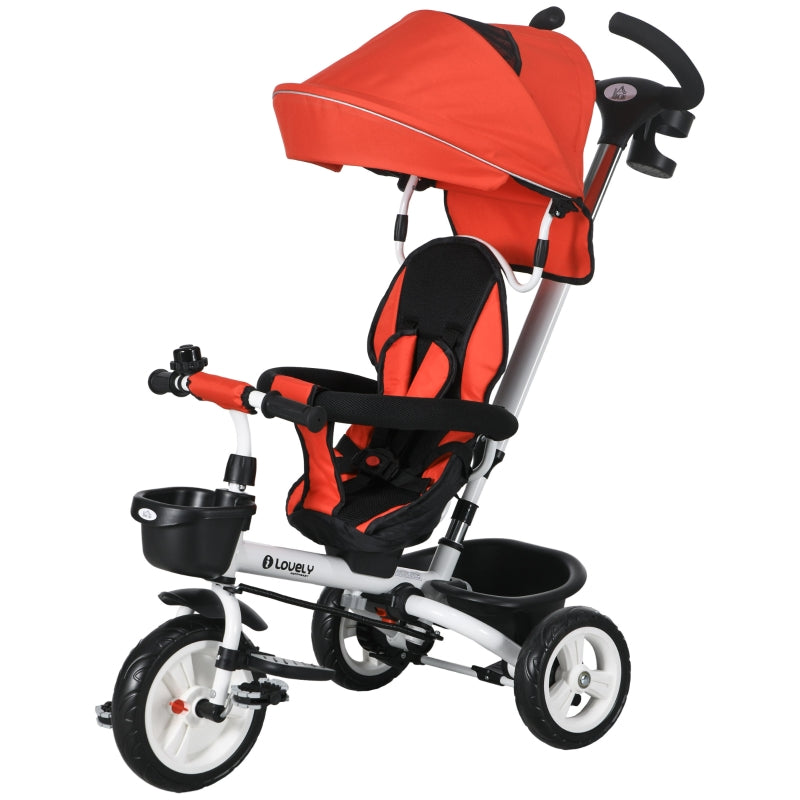 6 in 1 Tricycle with Push Bar, Safety Belt, Foldable, Removable Sunroof, Cup Holder, Basket, Pedal, up to 25 kg, for 1-5 Year Old Children, red