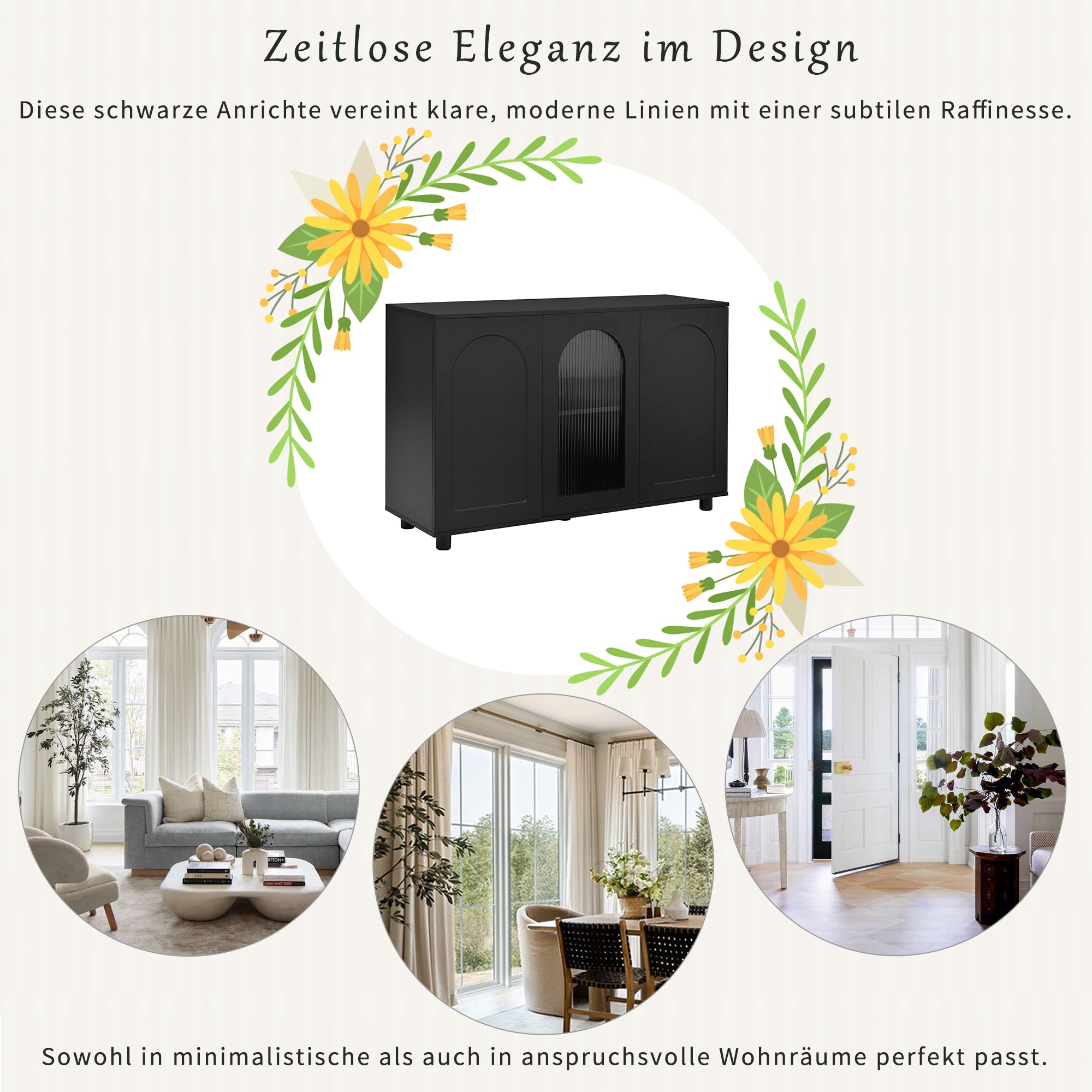 Sideboard U-Shaped Glass Door Rebounder Design - Black