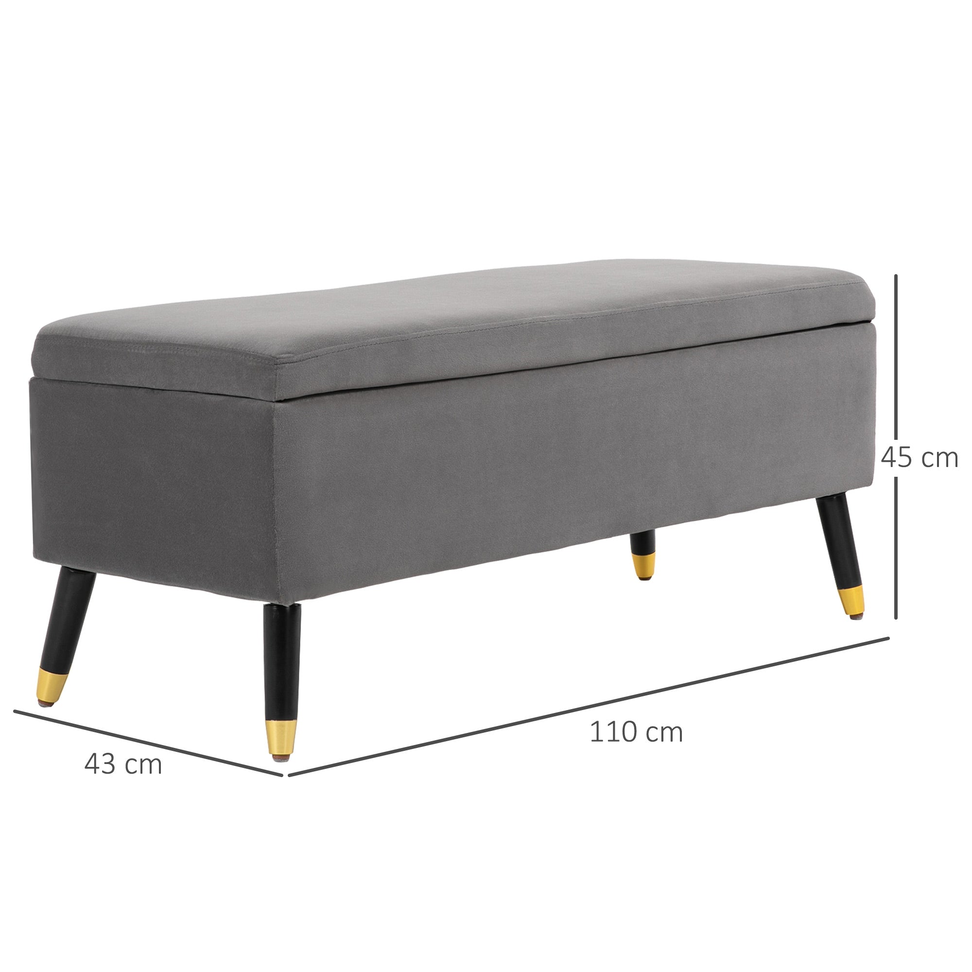 Upholstered bench with storage space, metal and rubber wood, charcoal grey