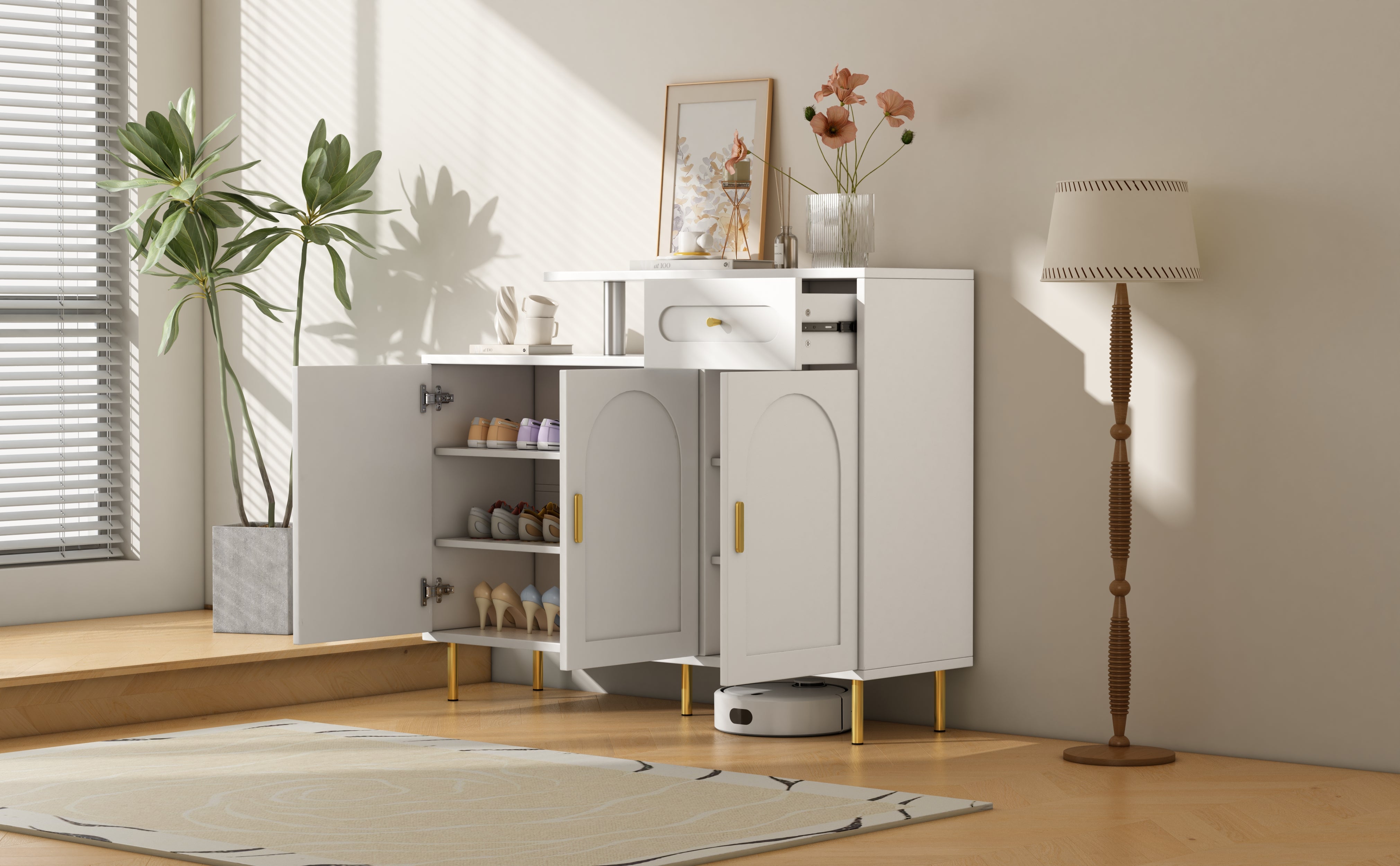 Chest of Drawers with Metal Handles, 1 Drawer, 3 Doors, on Metal Feet, White