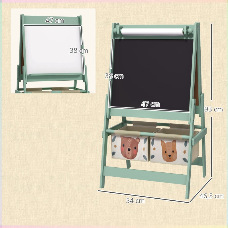 3-in-1 Children's Easel with Paper Roll, Chalkboard, Whiteboard, Storage Baskets, Green