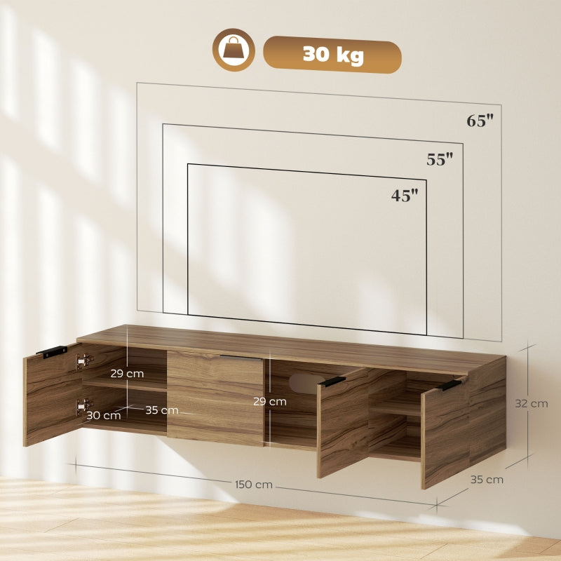 Floating TV Unit, 150cm Wall Mounted Cabinet with Shelves and Doors, Rustic Brown