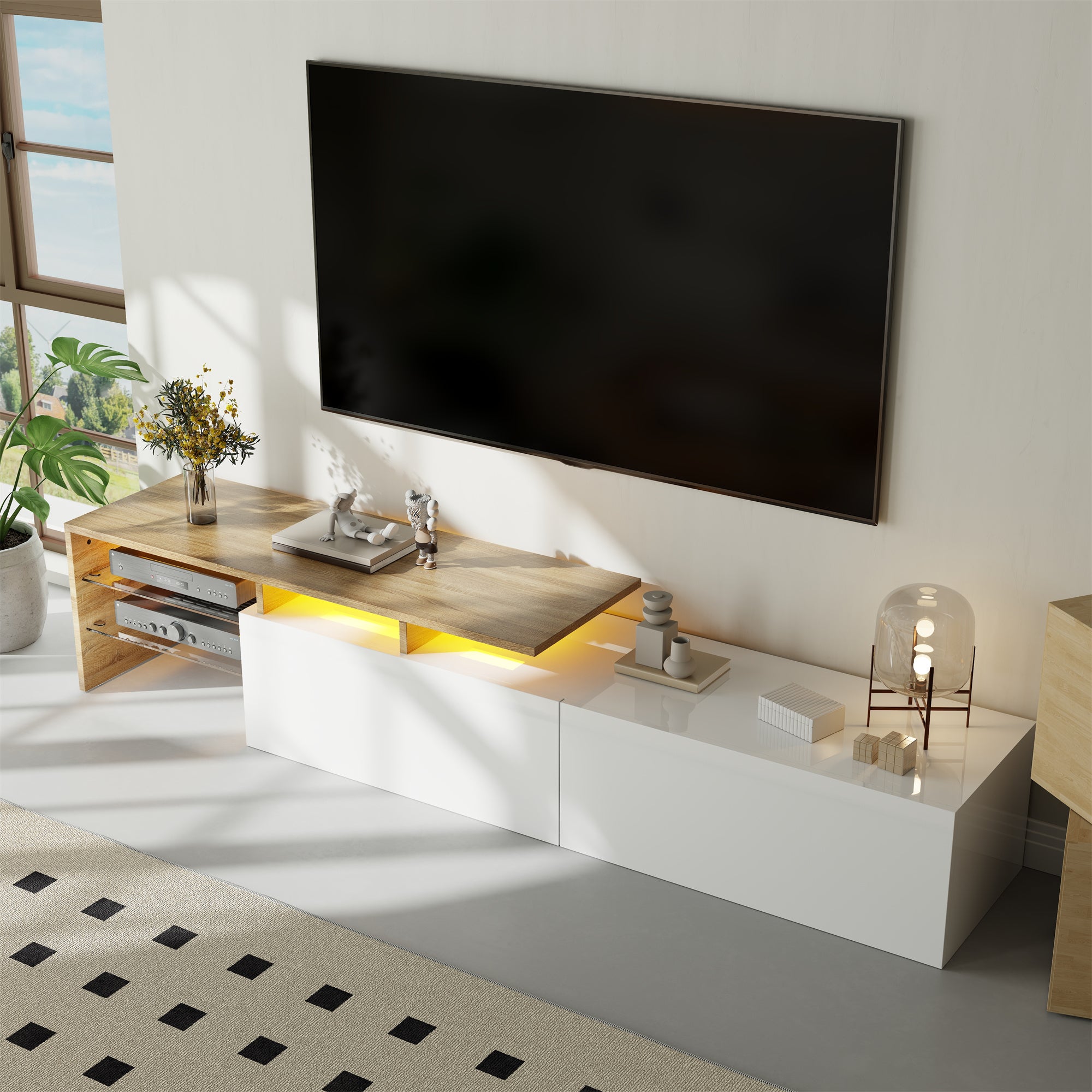 TV Cabinet with Glass Shelves and LED Lighting, High-Gloss White and Wood Look
