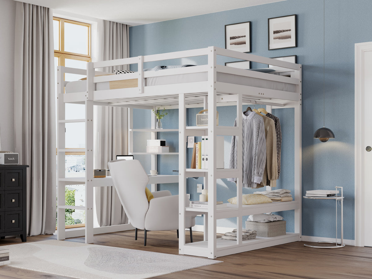 Loft Bed with Ladder, 140x200cm, Table, Shelves, Solid Wood White
