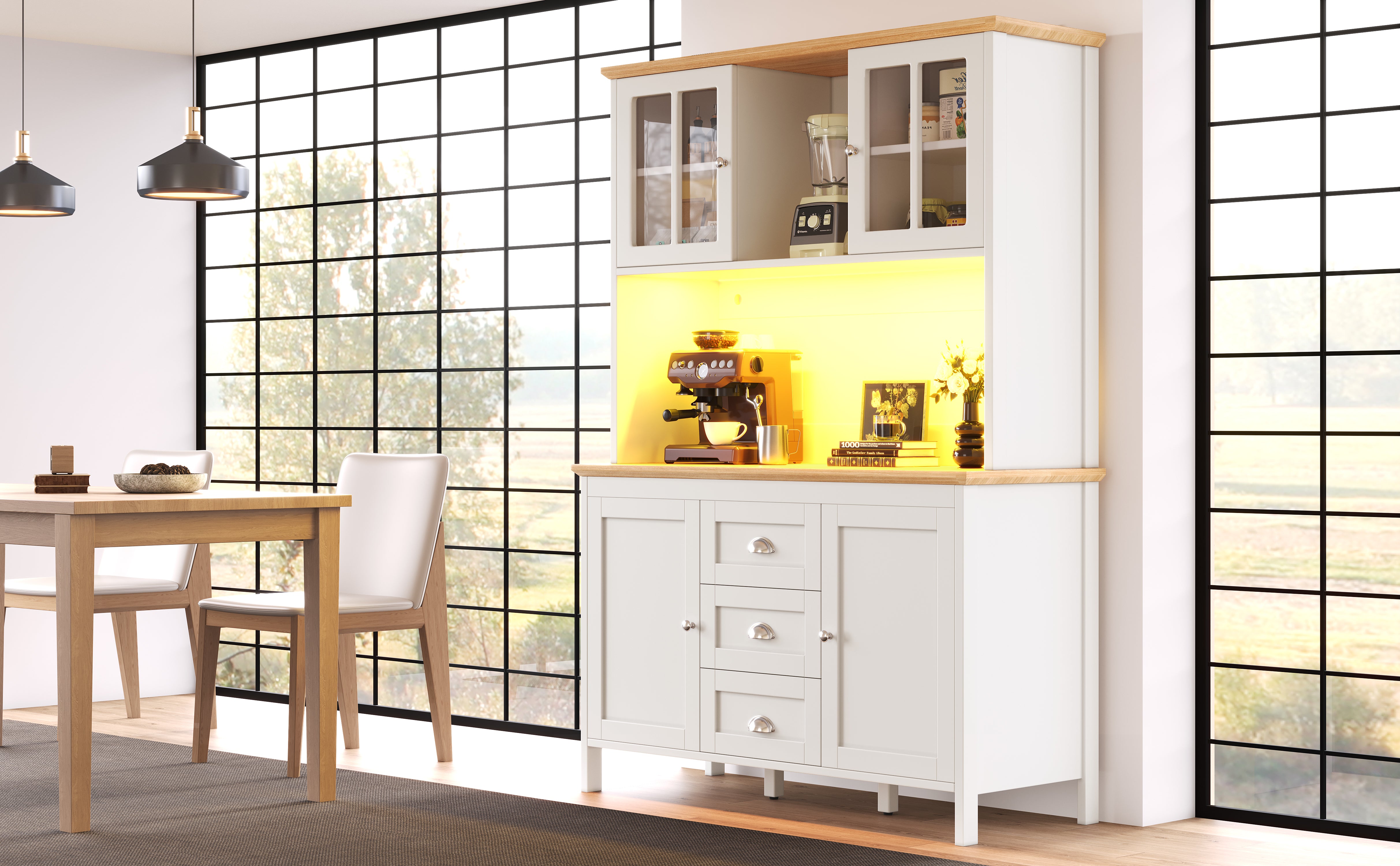 Tall Sideboard Cabinet with LED Lighting and 3 Drawers, White and Black