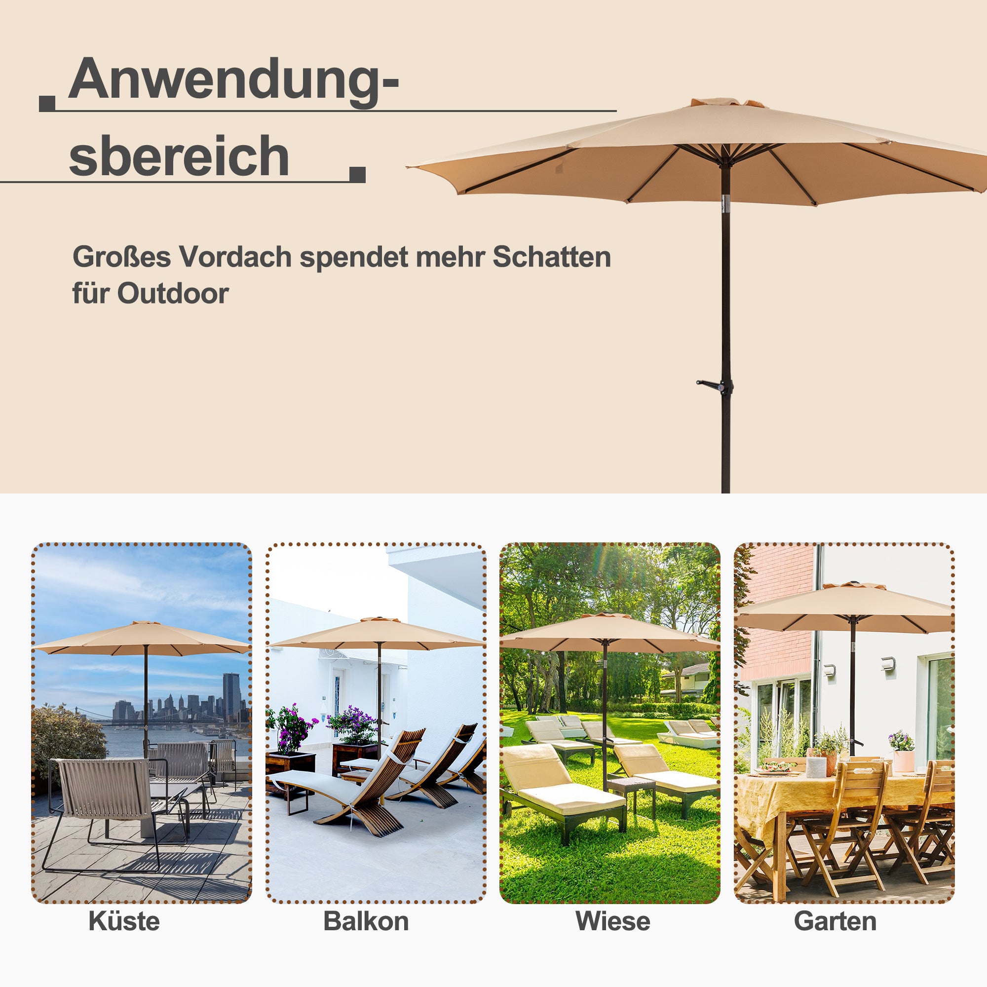 Garden Parasol 300x245cm, Double Crank, 8-Rib, Waterproof, Tilt Adjustment (Khaki)