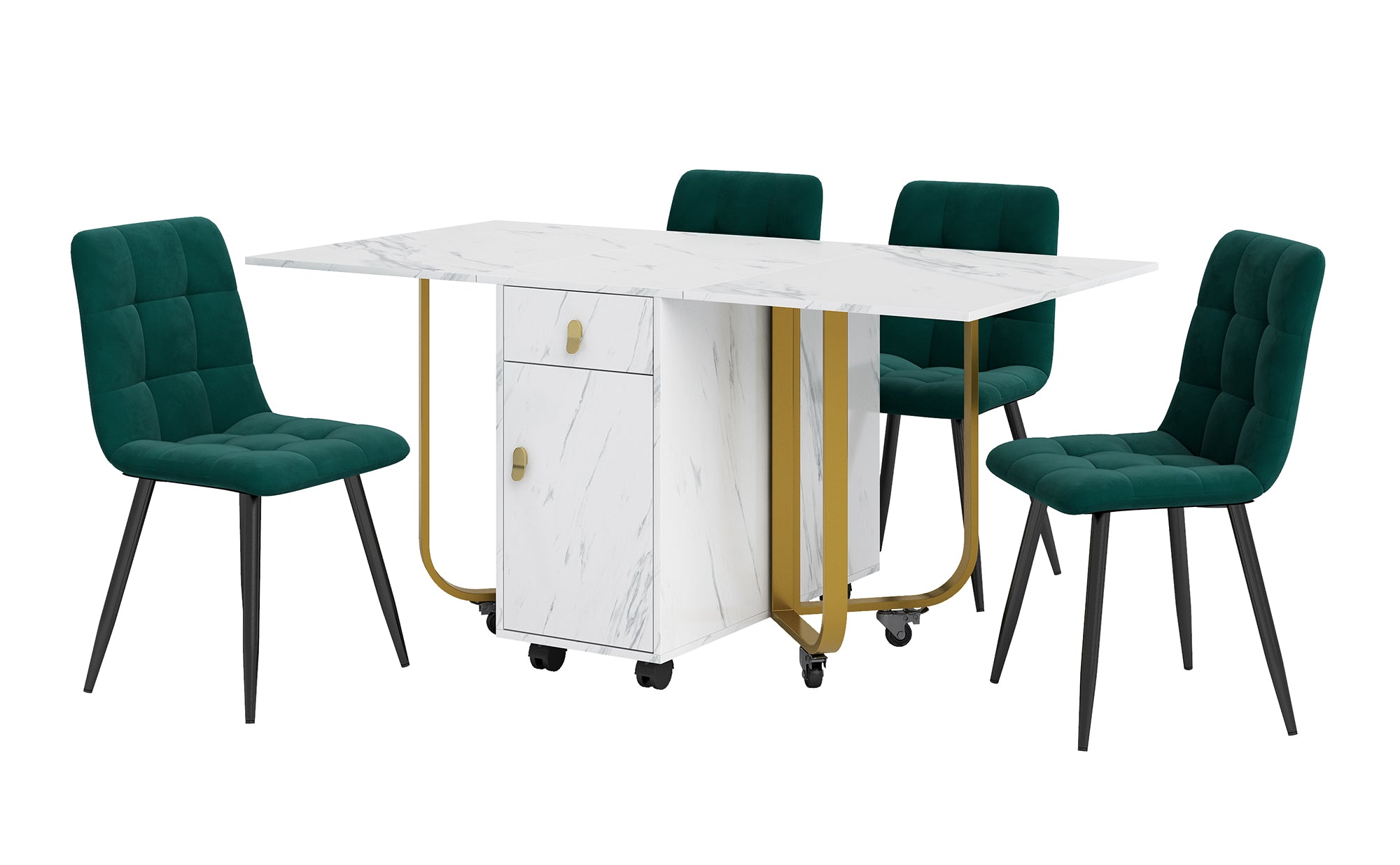 Dining Set, Folding 150cm Table & 4 Velvet Chairs, White MDF/Black Legs