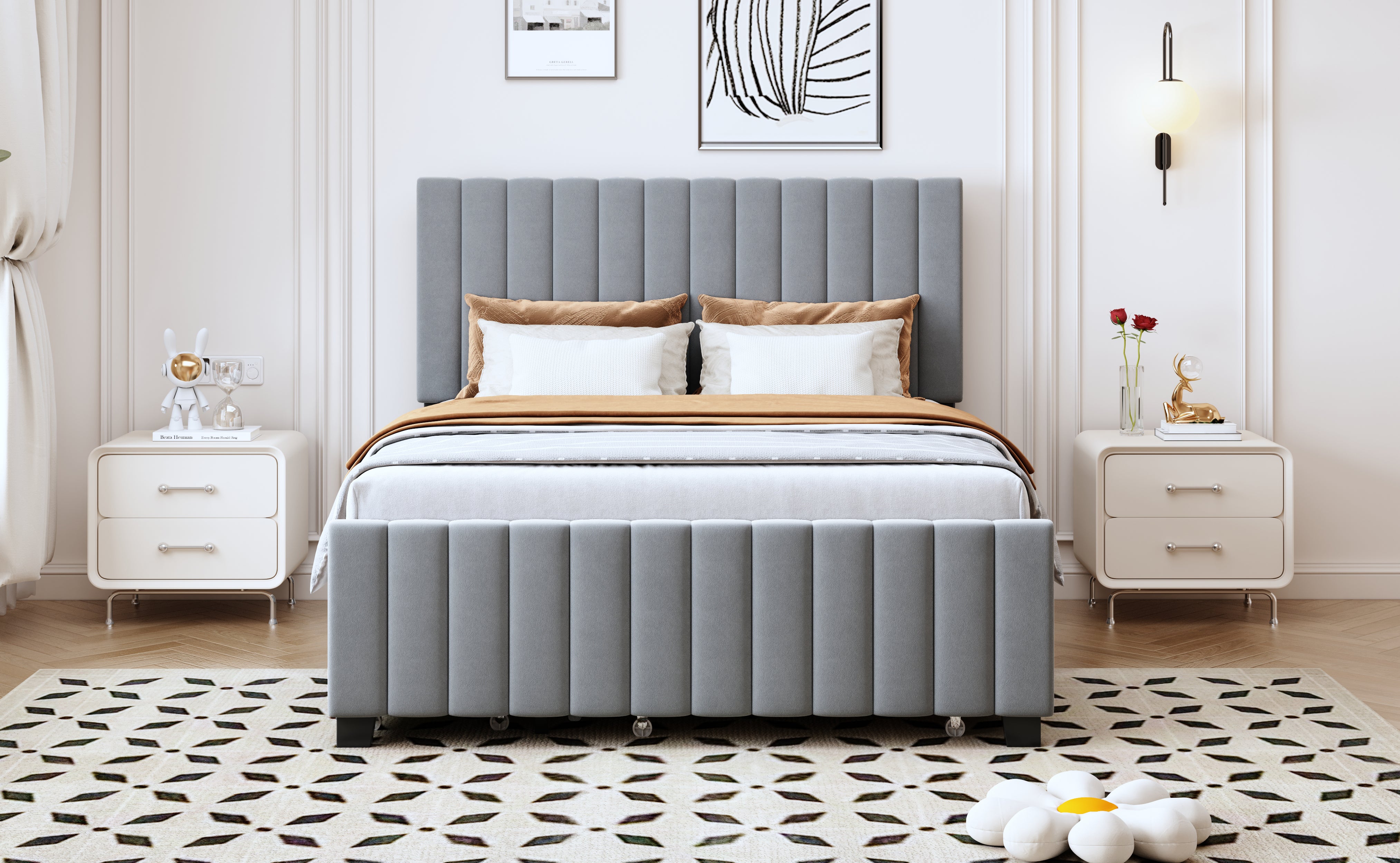 Upholstered Bed 140x190cm, Pull-Out & 2 Drawers, Velvet, Gray