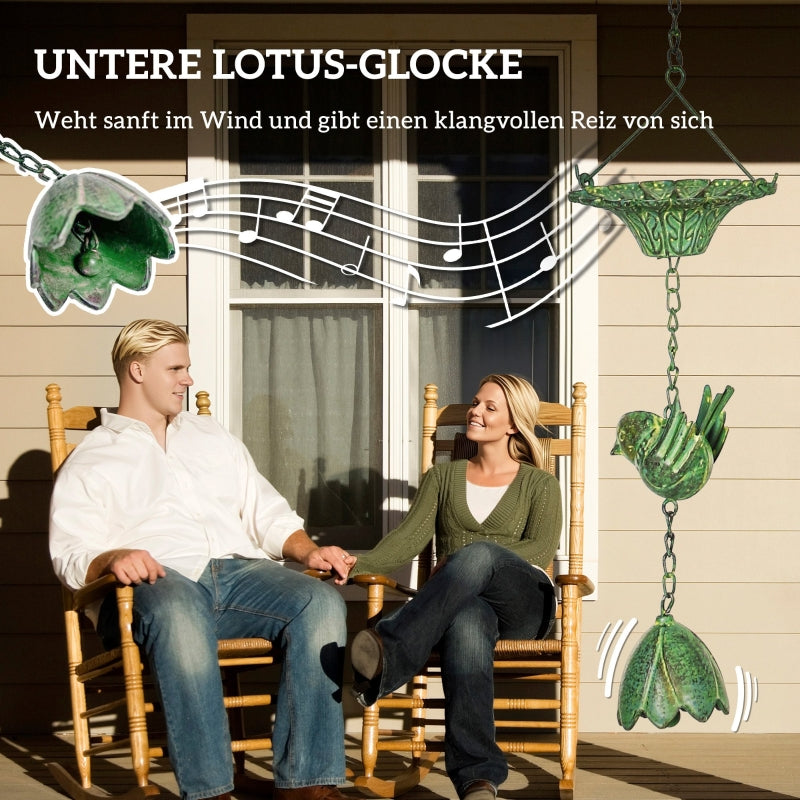 Rain Chains, Set of 3 with Hanger Bird Bell, Metal Green