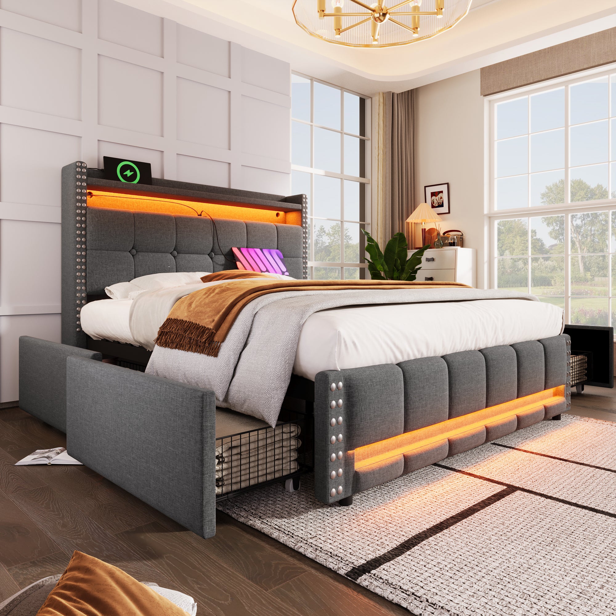 Upholstered Bed 140x200cm, LED & USB, 4-Drawer Storage, Linen Gray