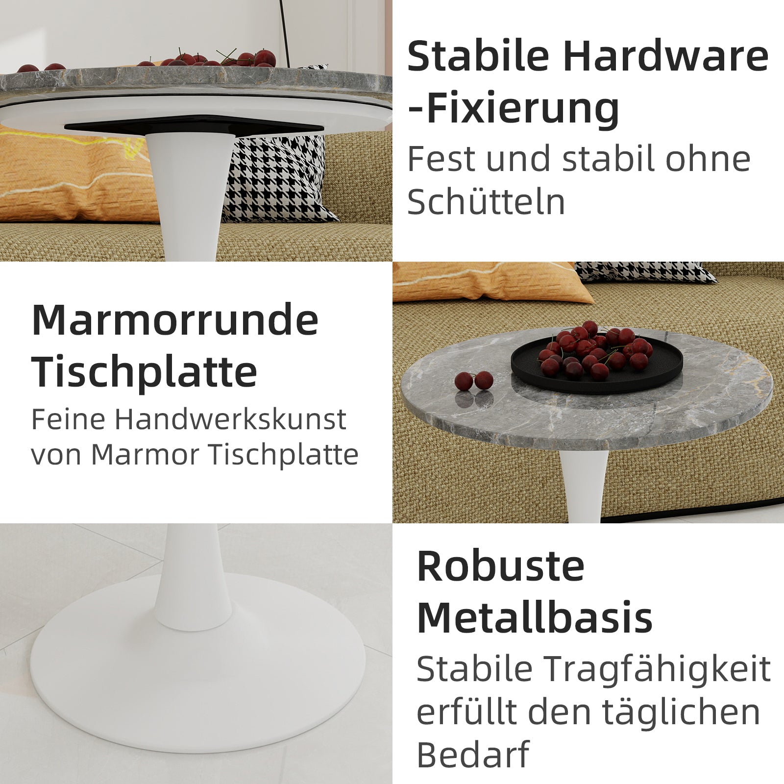 Coffee Table 27.6-inch Round Marble Top Mid-Century Modern - White/Gray Veined Finish