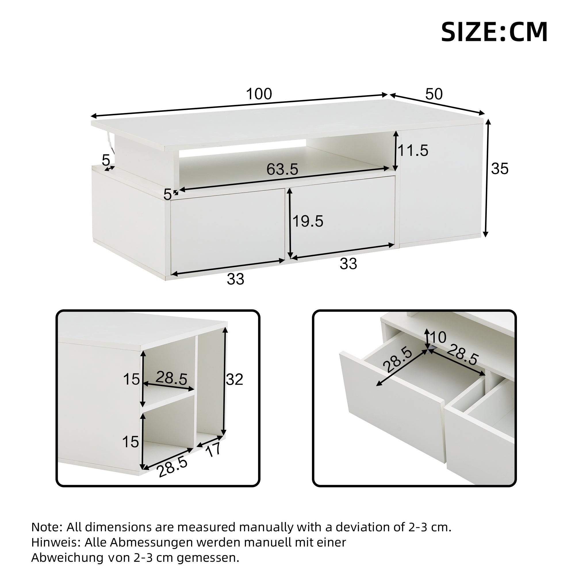 Coffee Table 100x50x35cm LED Lighting 2 Drawers, White