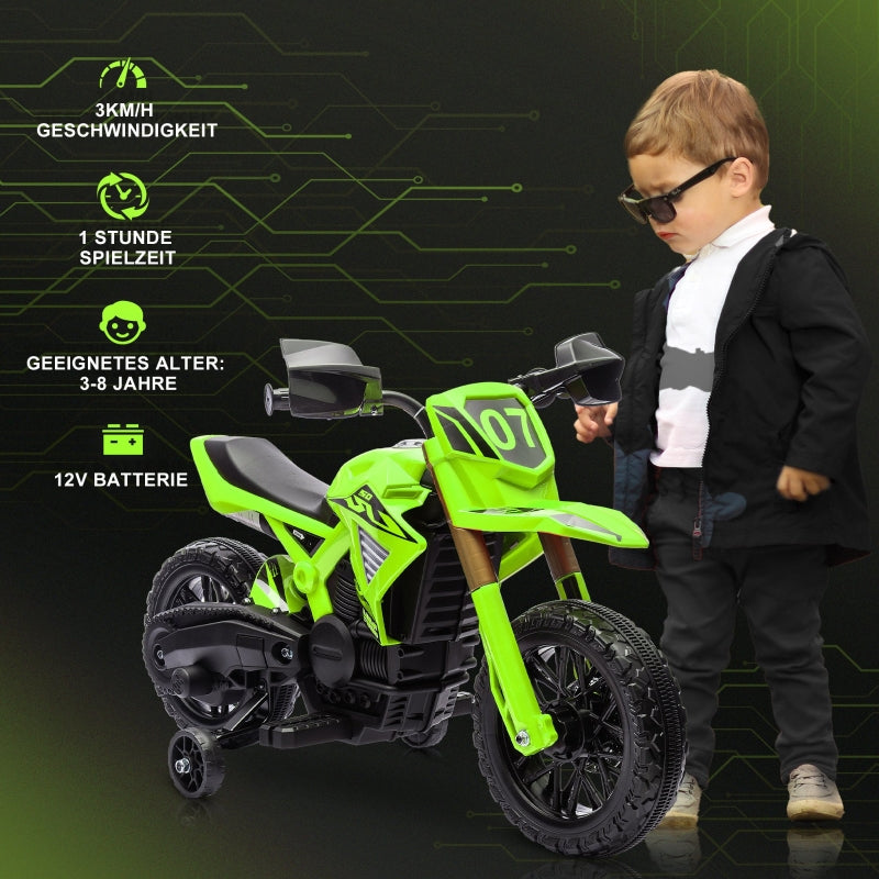 Electric Motorcycle for Children, 6V Battery Drive with Training Wheels and Sounds, Green