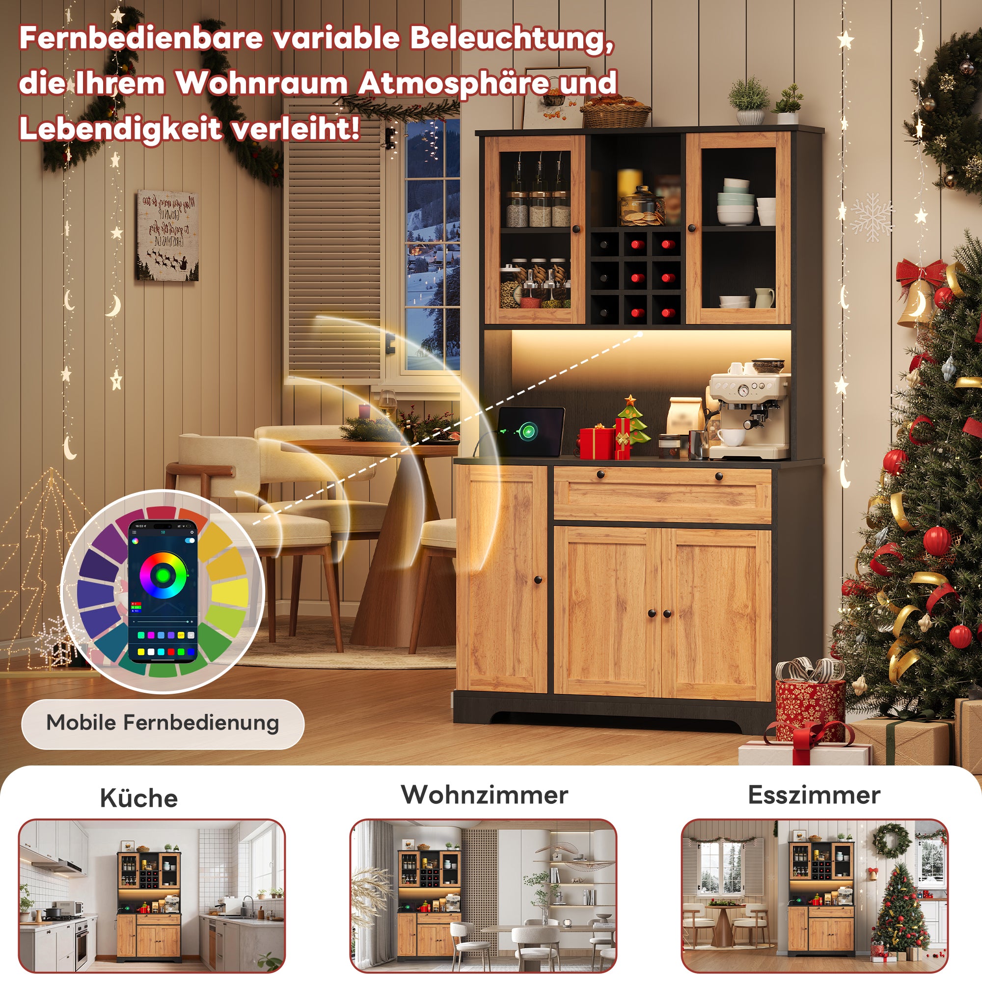 Tall Kitchen Storage Cabinet with LED Lighting and Power Outlet, White and Wood Look