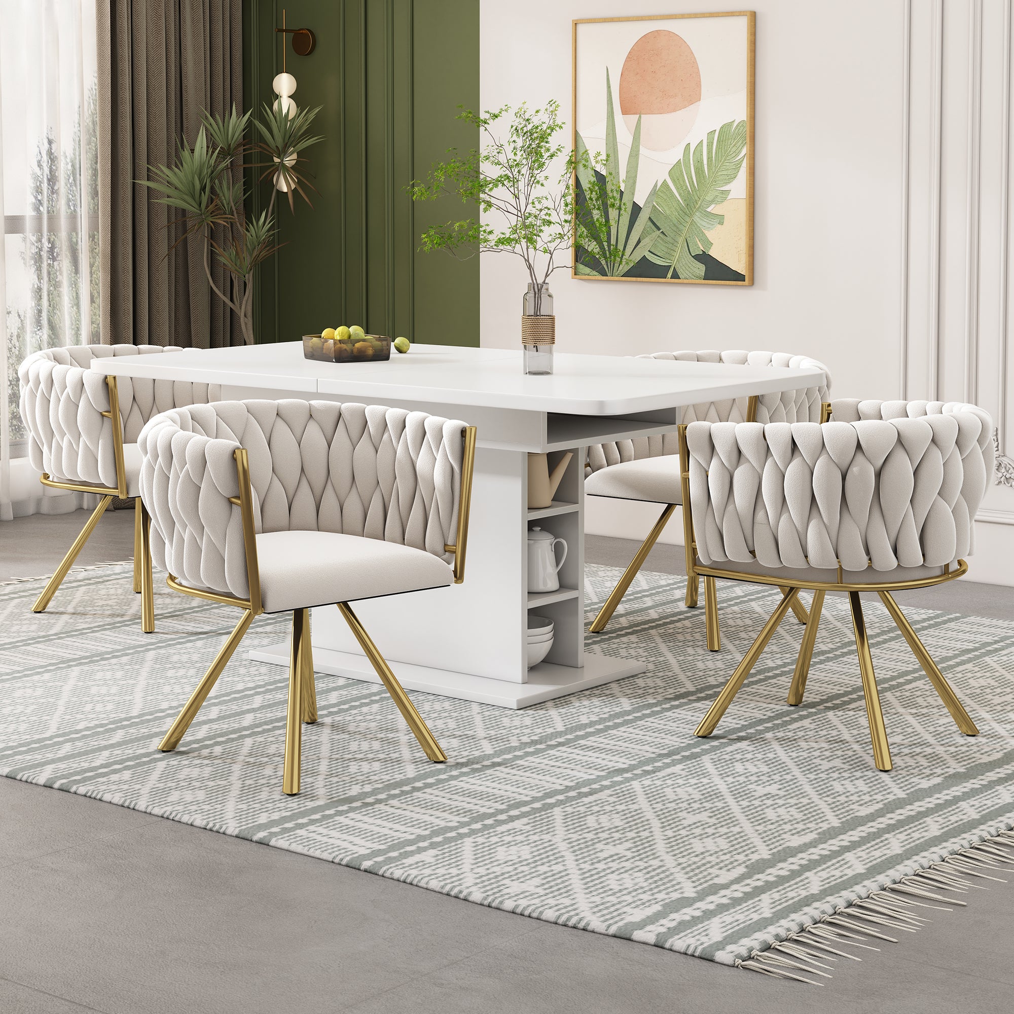 Velvet Dining Chair Set of 2, Swivel Chair with Metal Support Legs, Beige and Gold