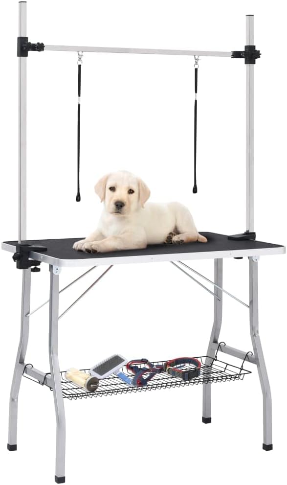 Collapsible Pet Grooming Table, Adjustable Arm & Storage, Steel Legs