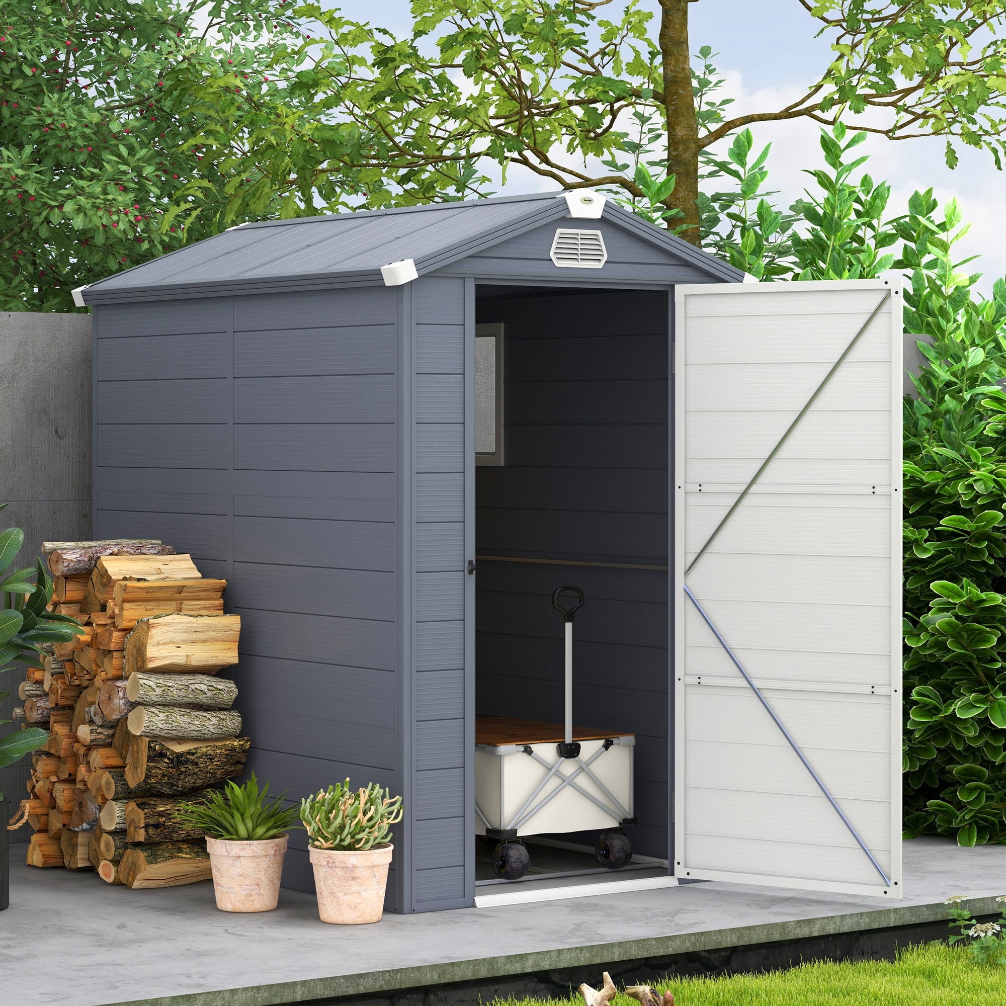 Shed 4.4ft x 6.2ft, with Foundation, Aluminium Frame and Plastic Wall, Grey