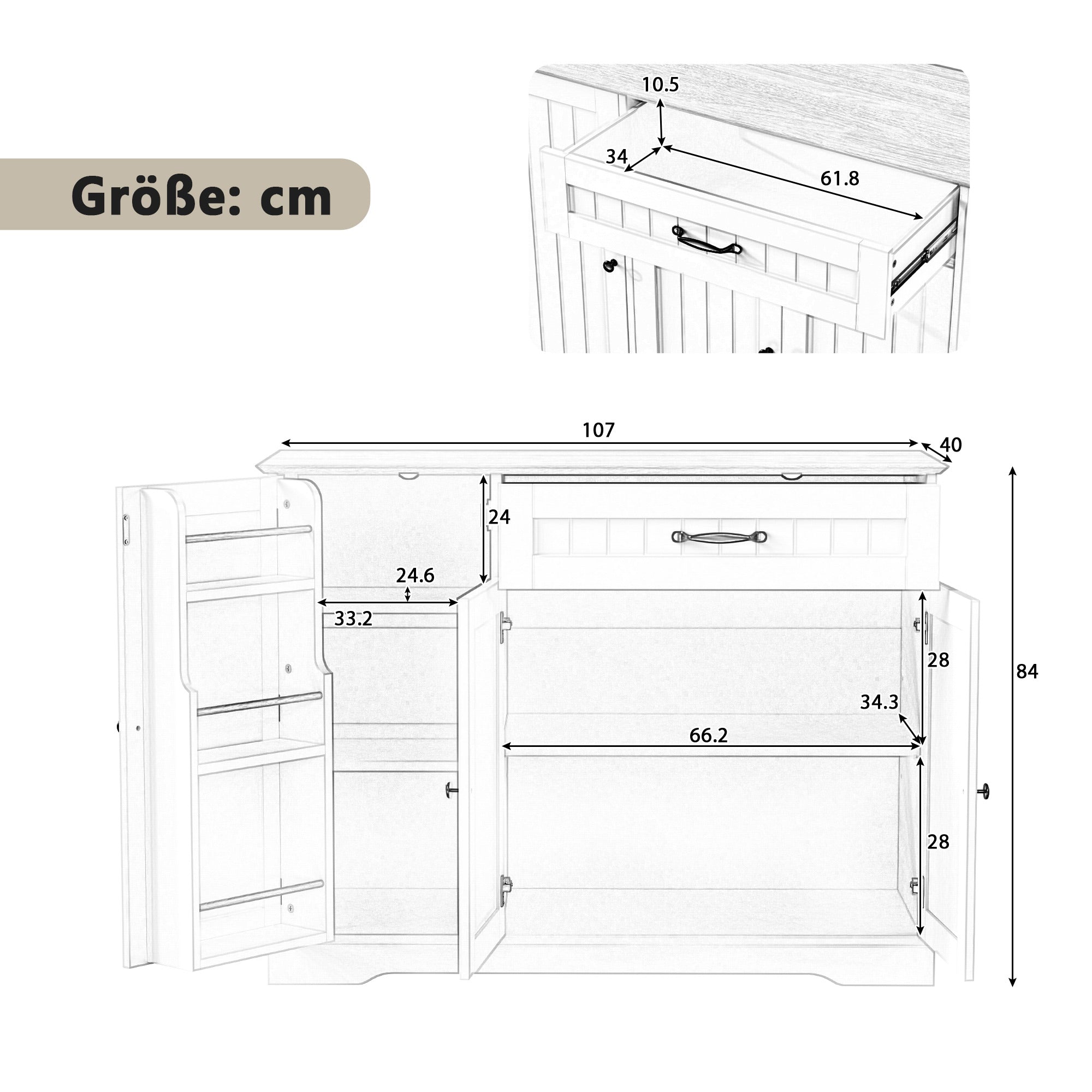 Sideboard Buffet Cabinet 3 Doors 1 Drawer - White