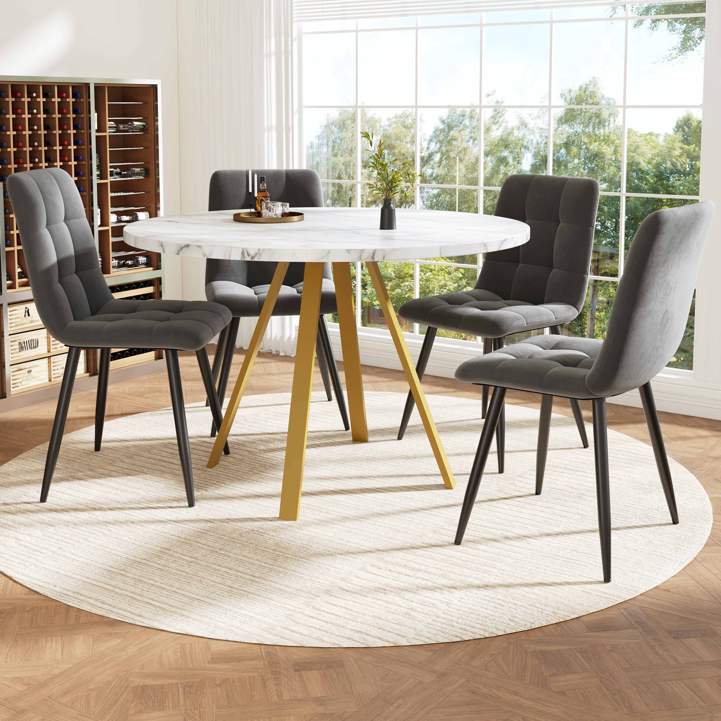 Dining Table Set, 5-Piece Round with 4 Velvet Chairs, White Marble & Grey