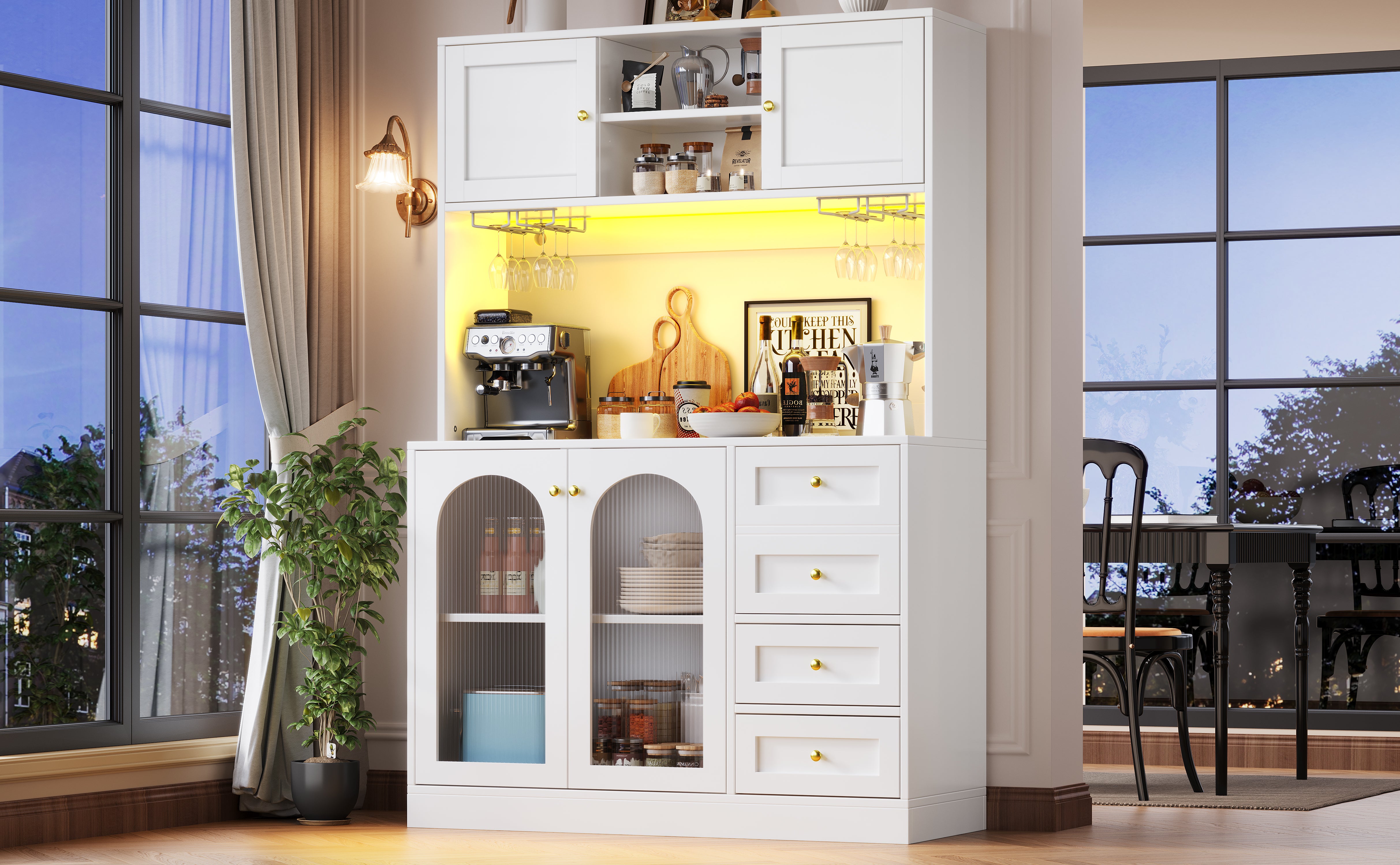 Sideboard Buffet Cabinet with LED Lighting and Fluted Glass Doors, Black and White
