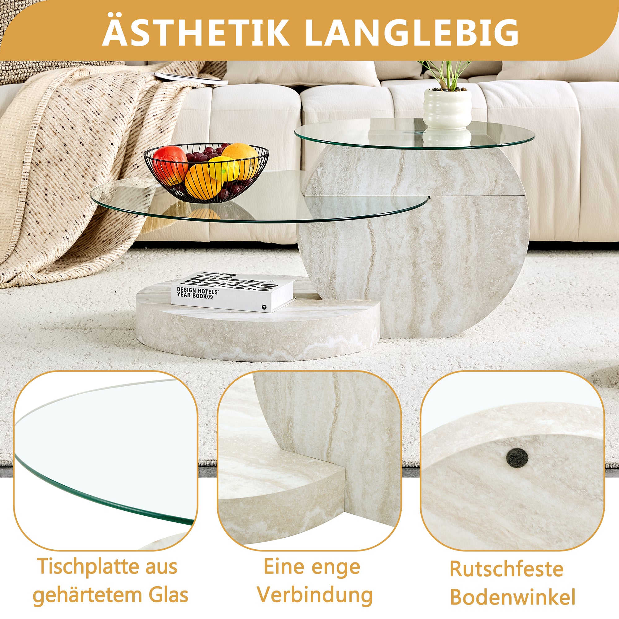 Modern Minimalist Coffee Table, Double-Layered Safety Glass and Multi-Tiered Design, Walnut Wood Grain Finish