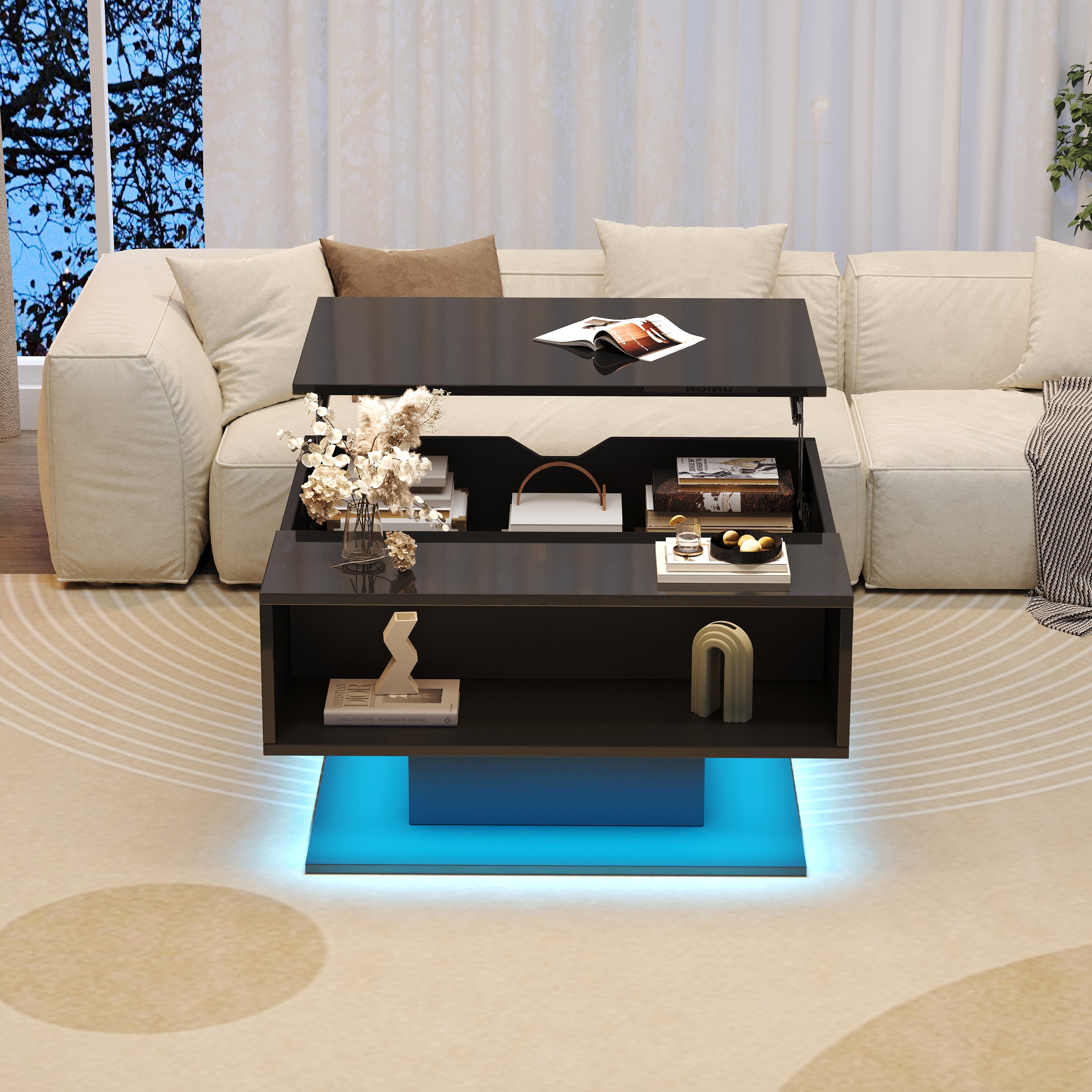 Coffee Table with Hydraulic Lift, High-Gloss, Storage, Black