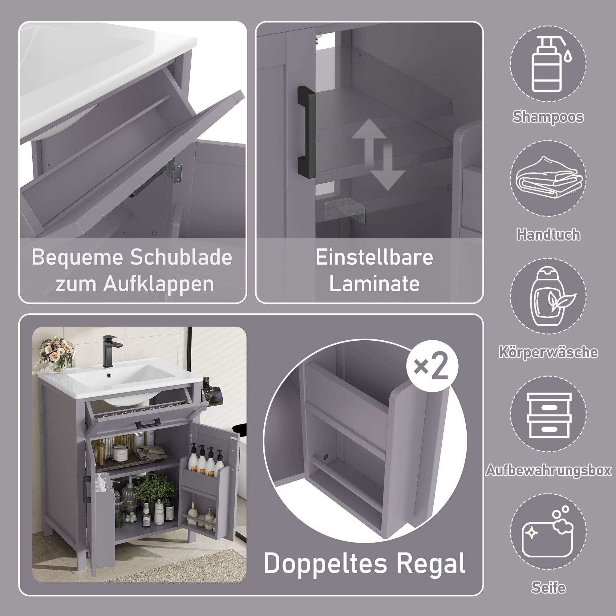 Bathroom Vanity Unit with Integrated Ceramic Sink and Storage Shelves, Grey