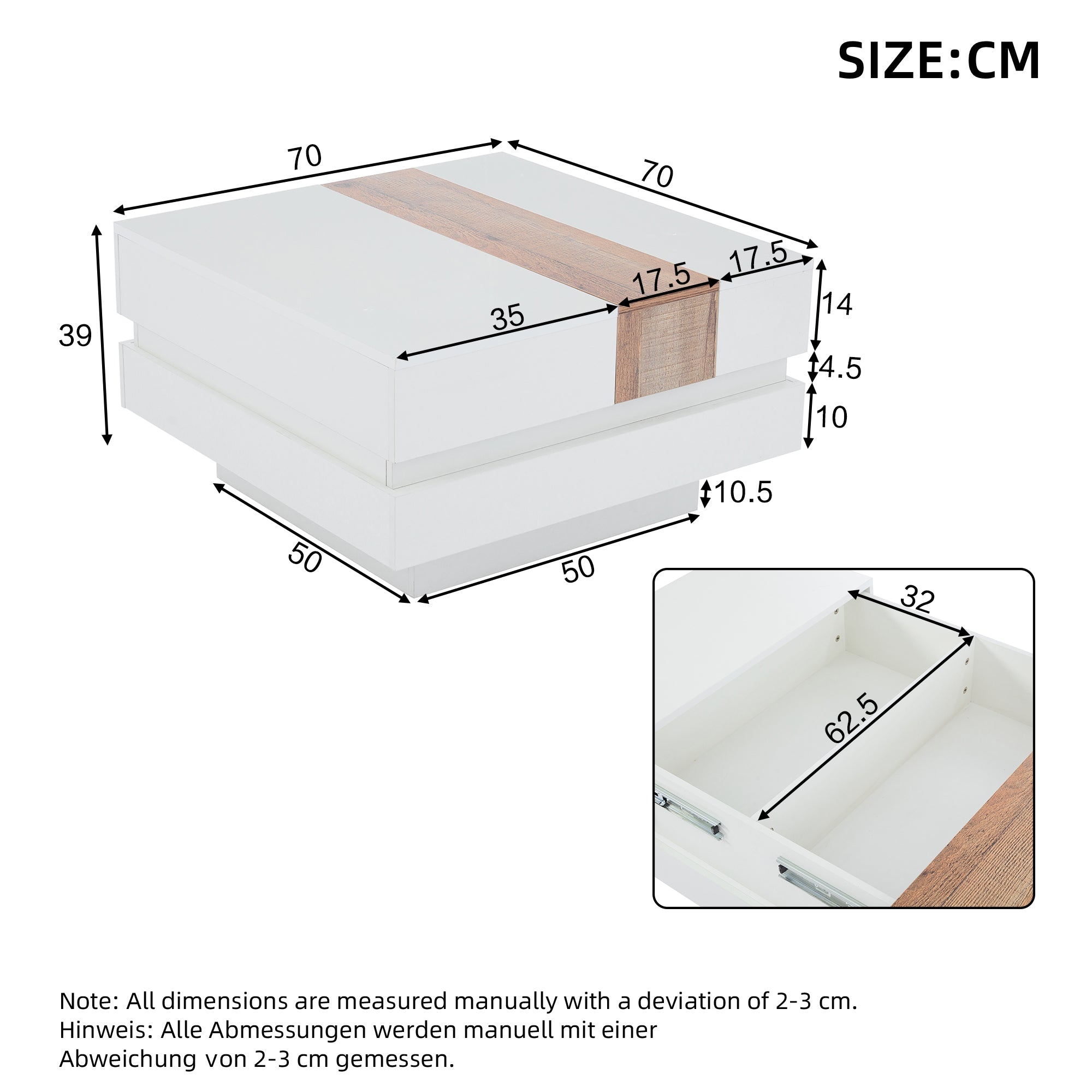 Coffee Table, Square with Extendable Top & Hidden Storage, White High Gloss