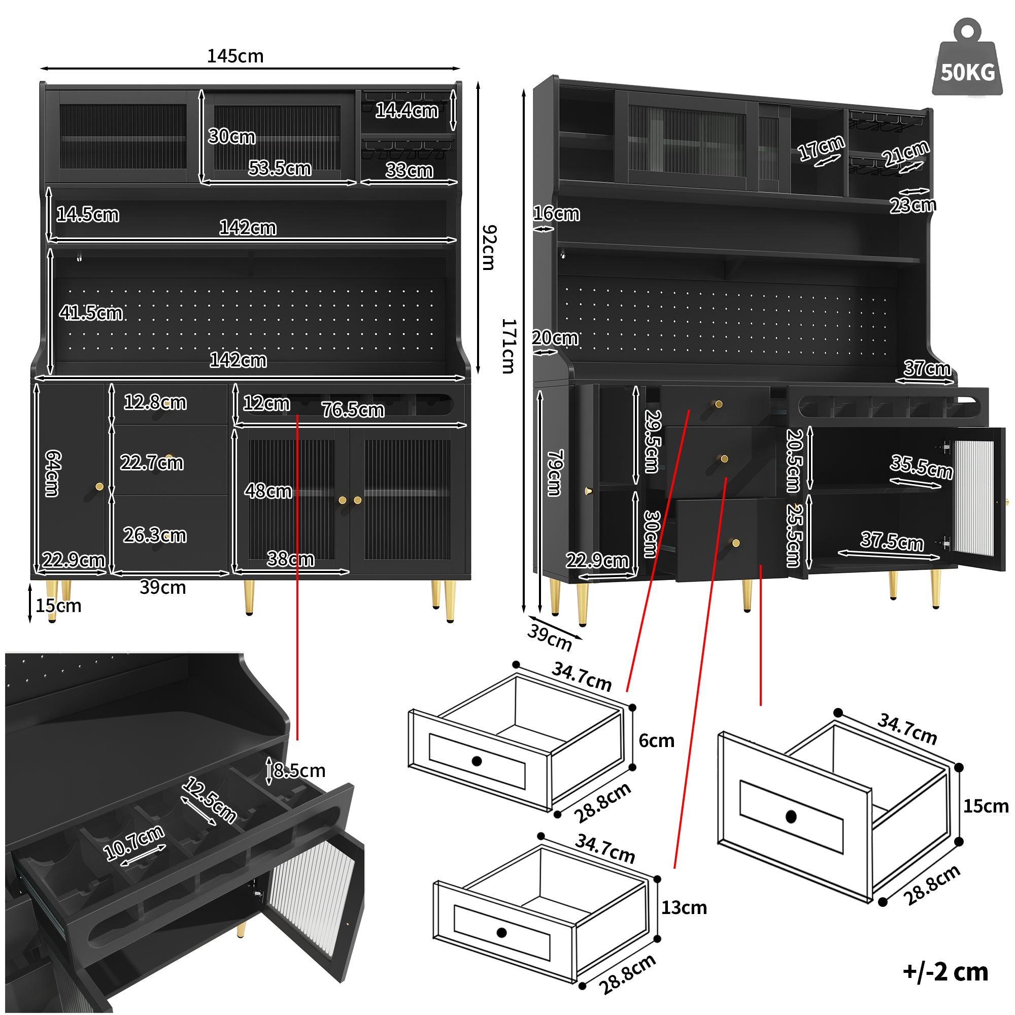 Tall Cabinet Adjustable Shelves LED Lighting Wine Rack Black