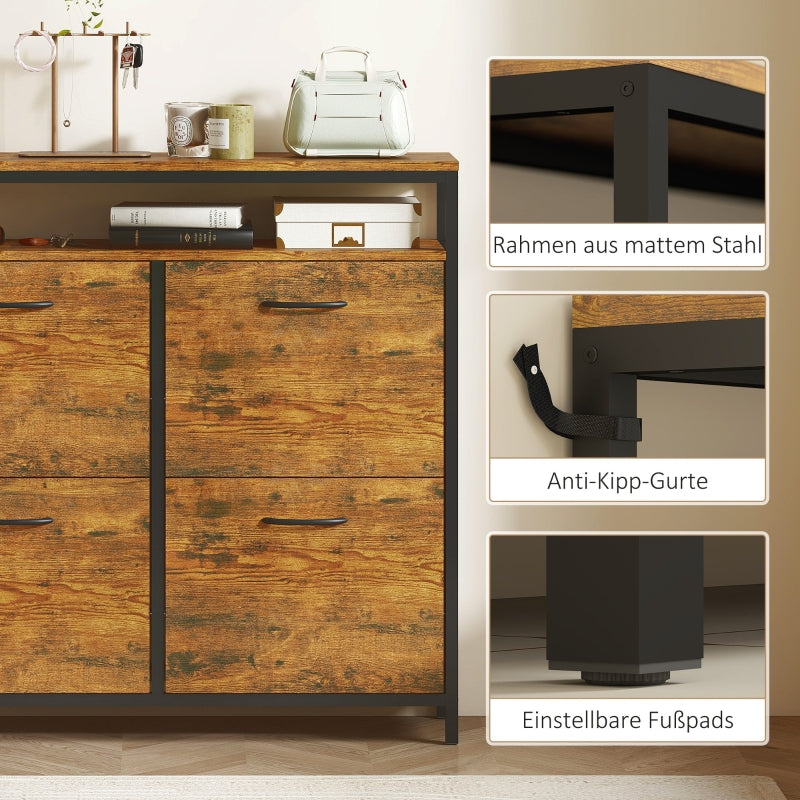 Shoe cabinet with 4 folding drawers, slim design, open shelf, steel, brown