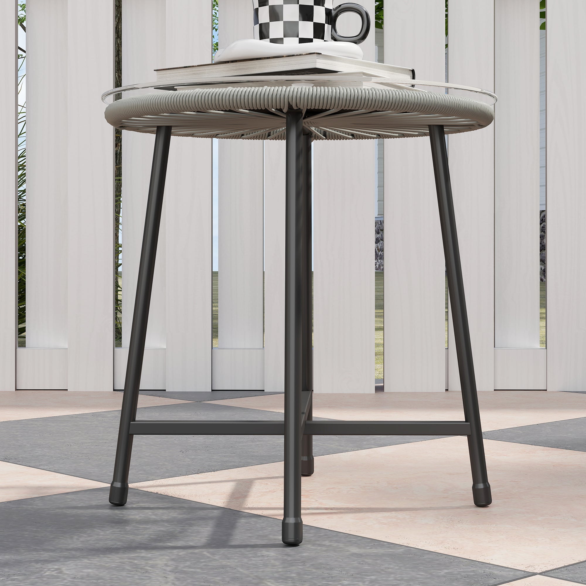 3 Pieces Rattan Bistro Set, Wicker Table and Chairs with Glass Top and Cushions, Light Grey