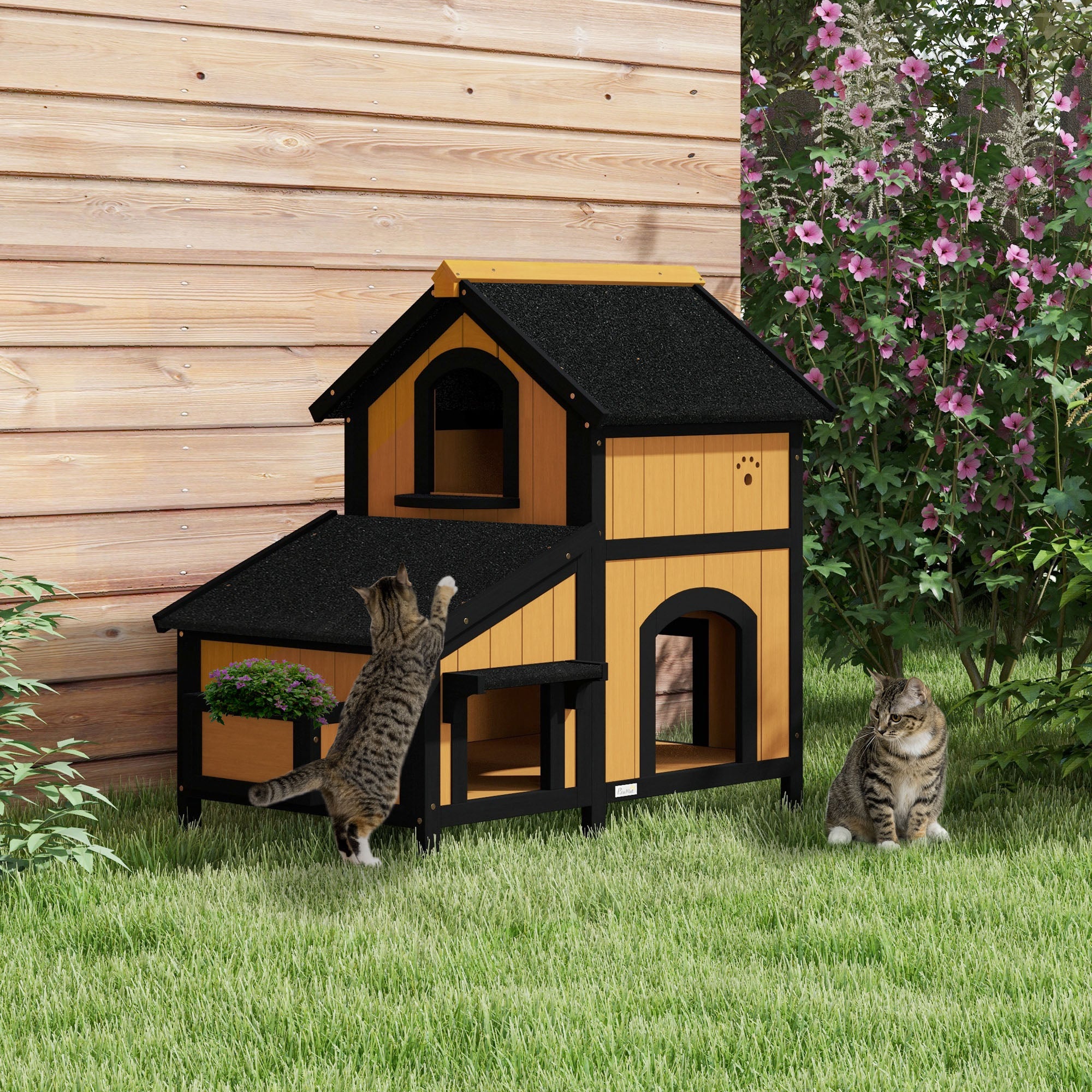 Cat House, 2-Level Outdoor Hut with Flower Box, Fir Wood Yellow